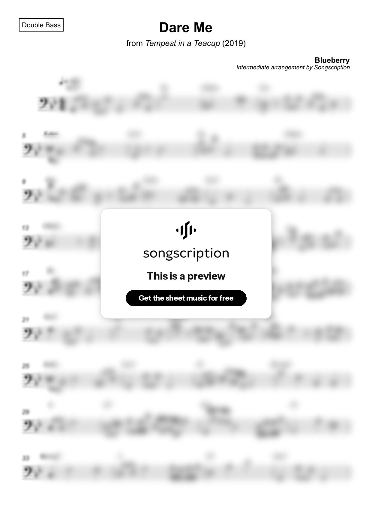 Intermediate Double Bass Sheet Music for "Dare Me" by Blueberry