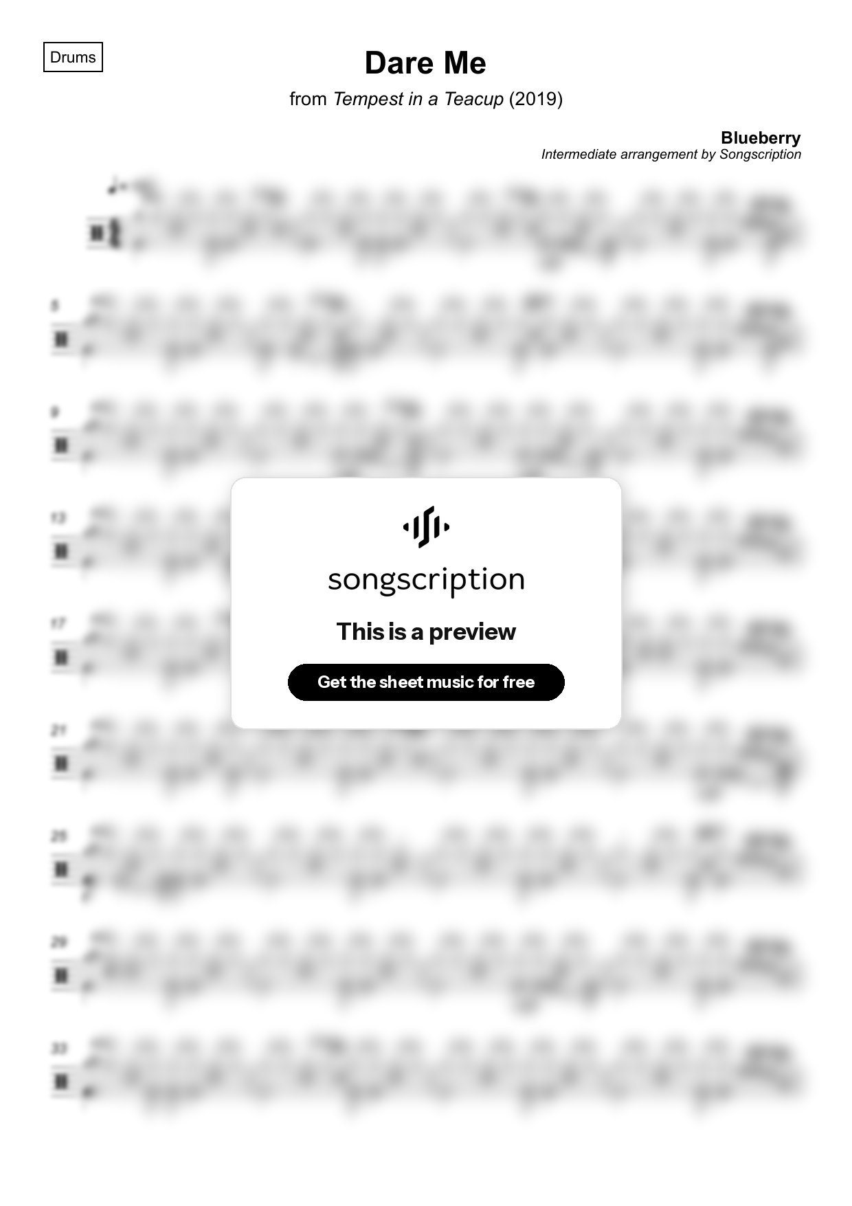 Intermediate Drums Sheet Music for "Dare Me" by Blueberry