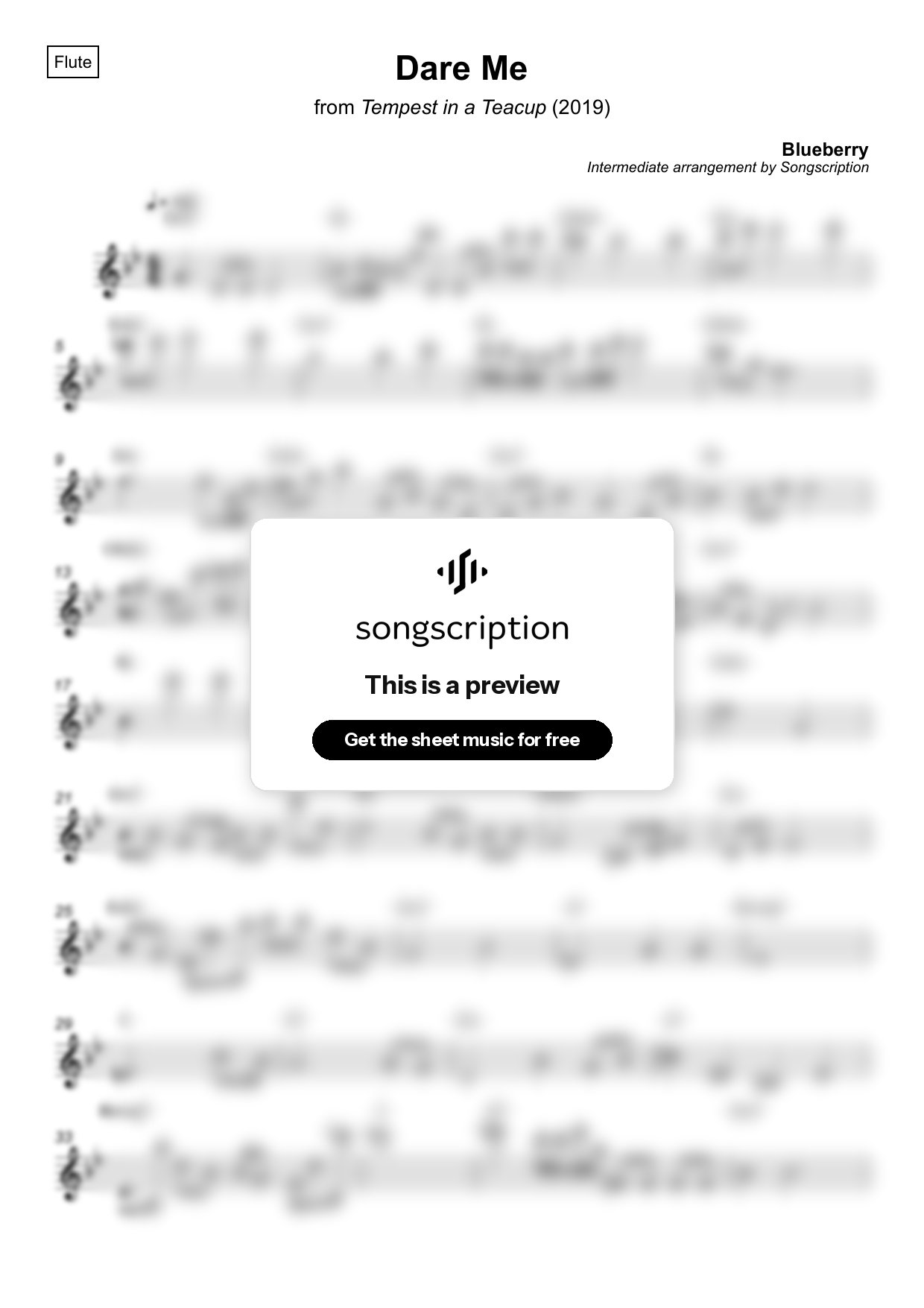 Intermediate Flute Sheet Music for "Dare Me" by Blueberry