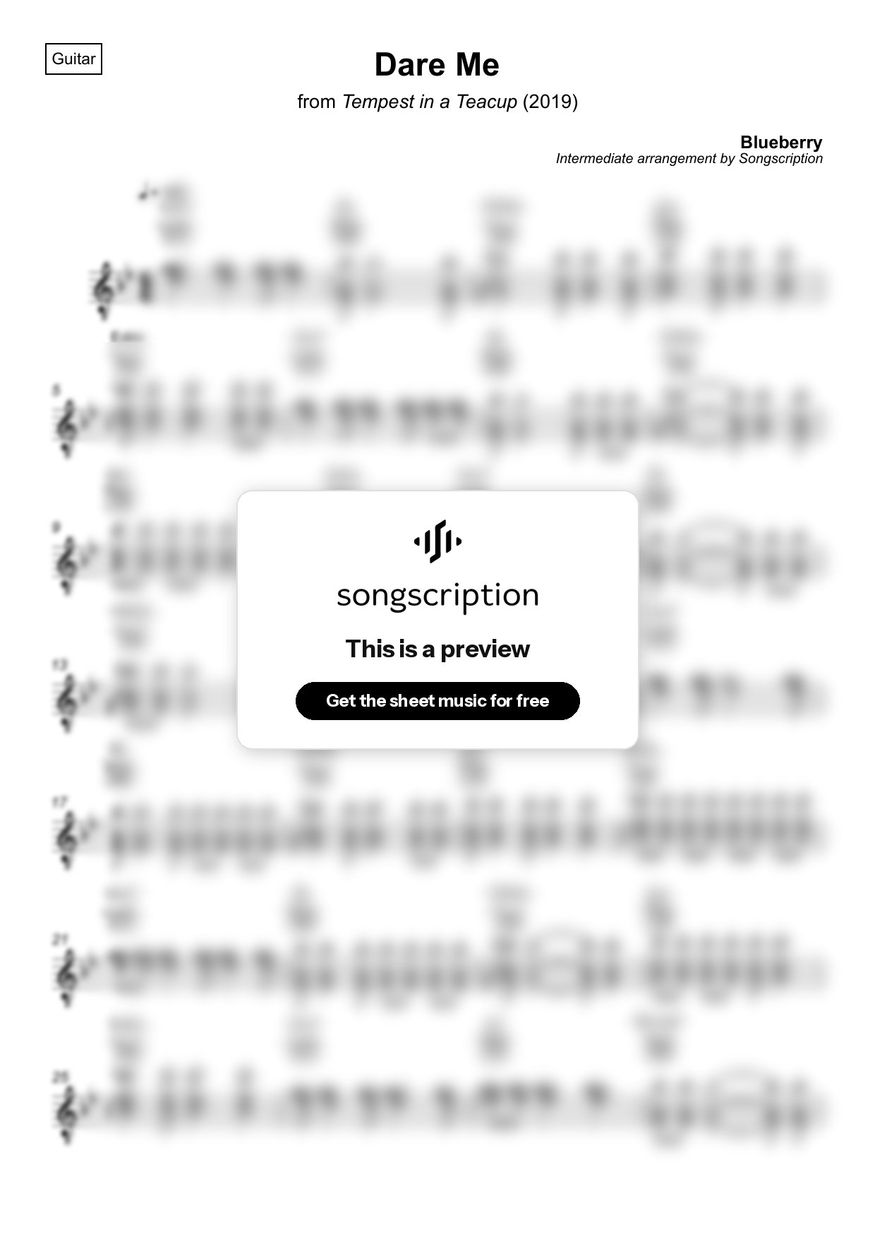 Intermediate Acoustic Guitar Sheet Music for "Dare Me" by Blueberry