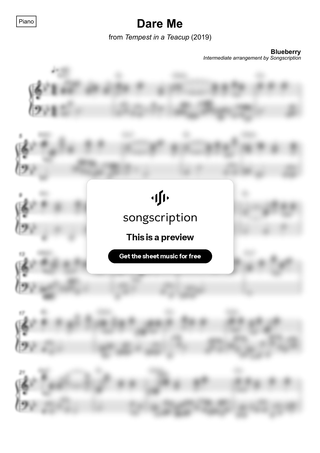 Intermediate Piano Sheet Music for "Dare Me" by Blueberry
