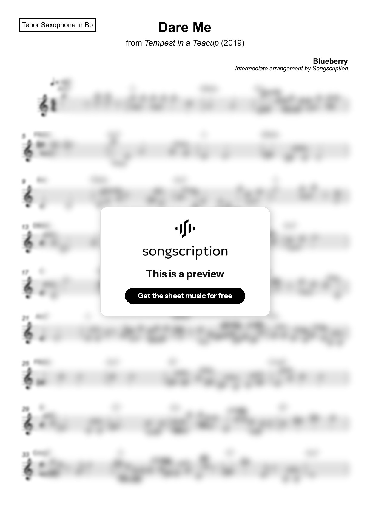 Intermediate Tenor Sax Sheet Music for "Dare Me" by Blueberry
