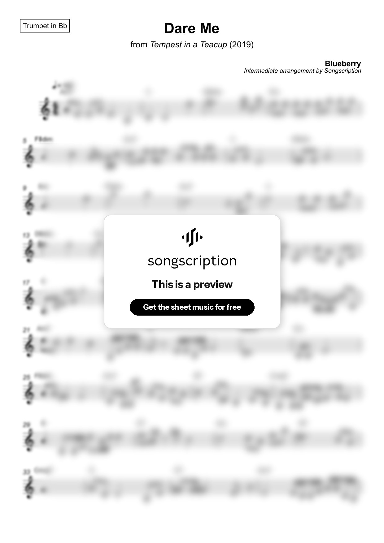 Intermediate Trumpet Sheet Music for "Dare Me" by Blueberry