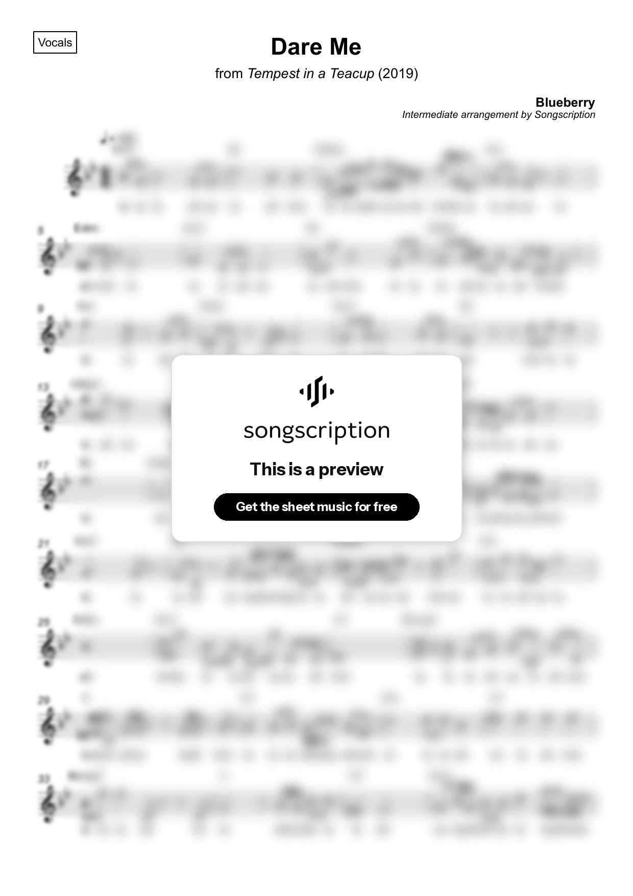 Intermediate Vocals Sheet Music for "Dare Me" by Blueberry