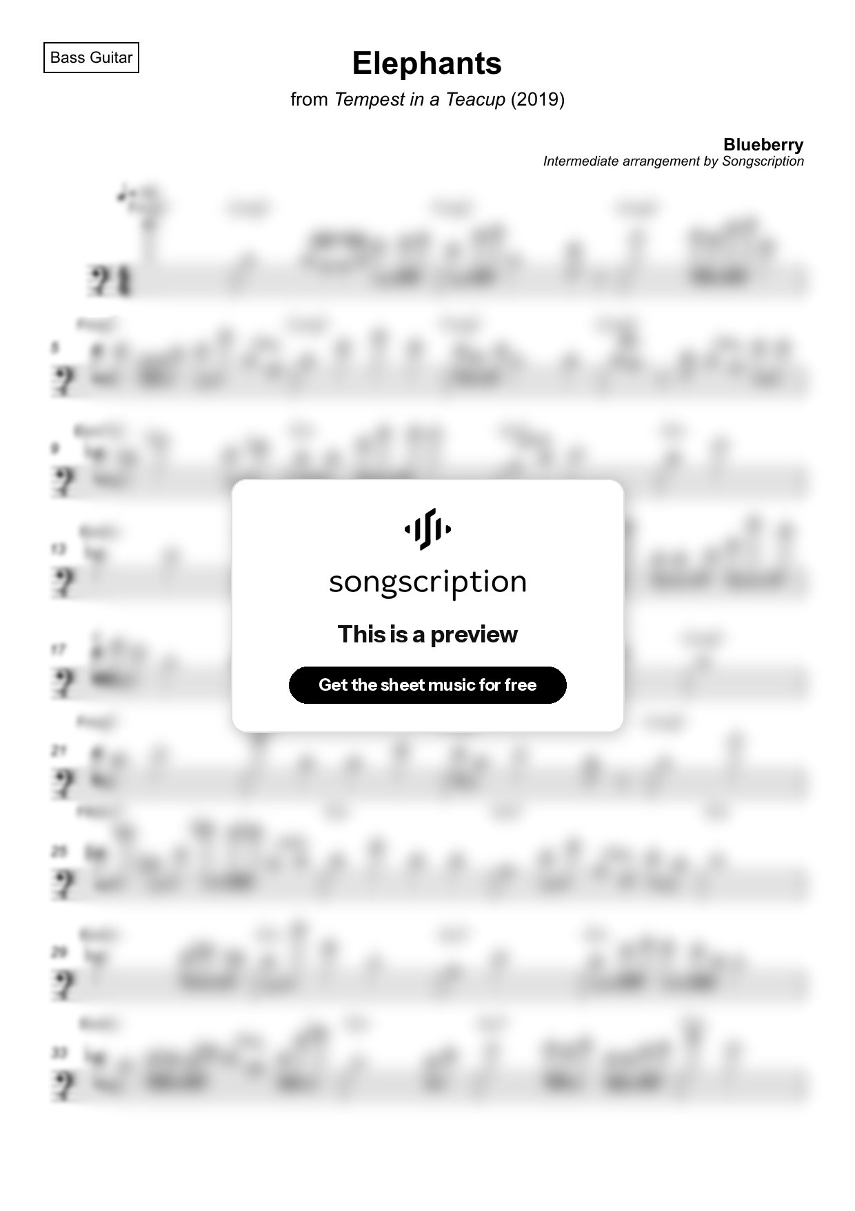 Intermediate Bass Guitar Sheet Music for "Elephants" by Blueberry
