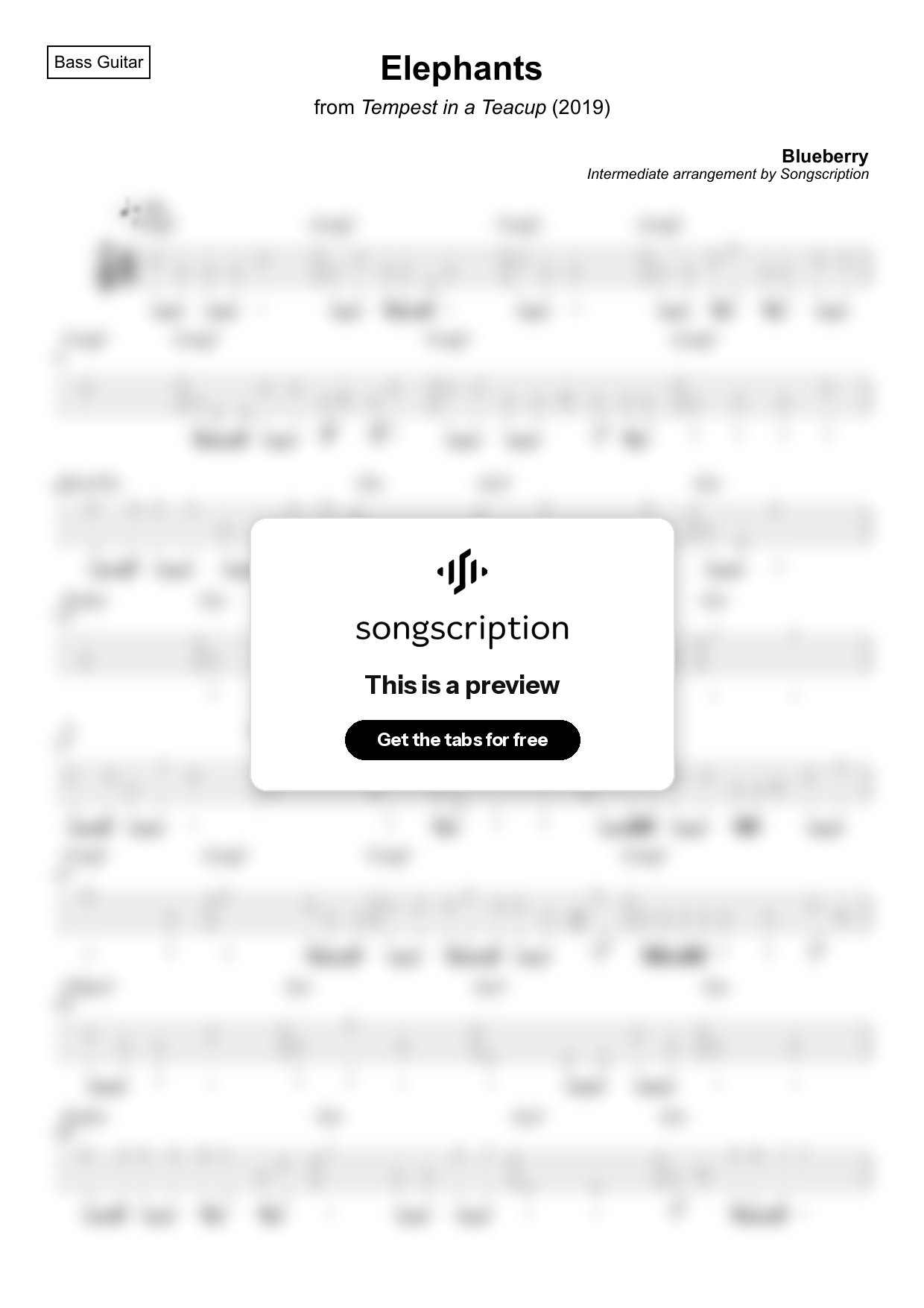 Intermediate Bass Guitar Tabs for "Elephants" by Blueberry