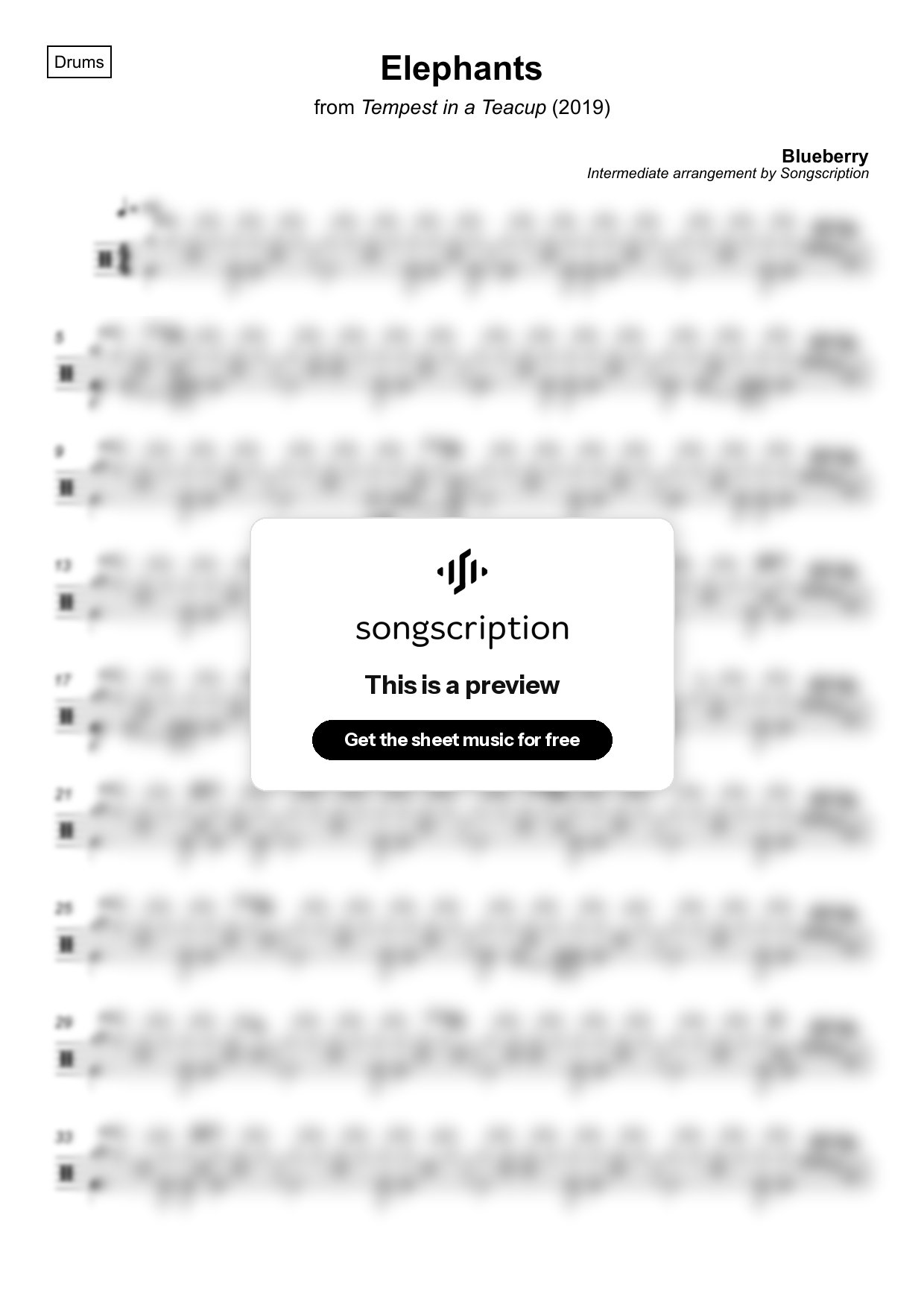 Intermediate Drums Sheet Music for "Elephants" by Blueberry