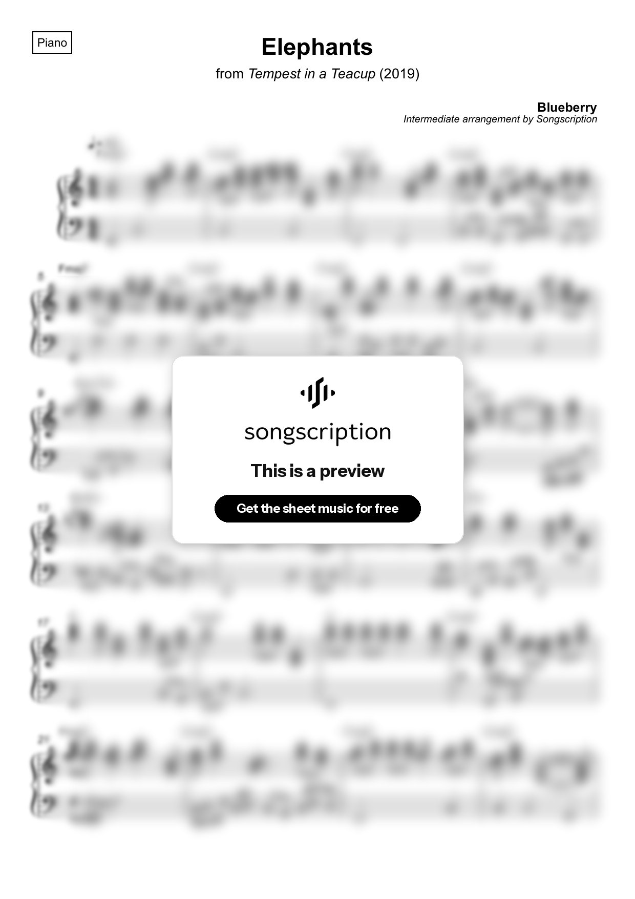 Intermediate Piano Sheet Music for "Elephants" by Blueberry