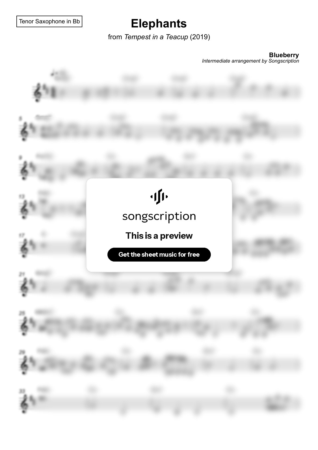 Intermediate Tenor Sax Sheet Music for "Elephants" by Blueberry