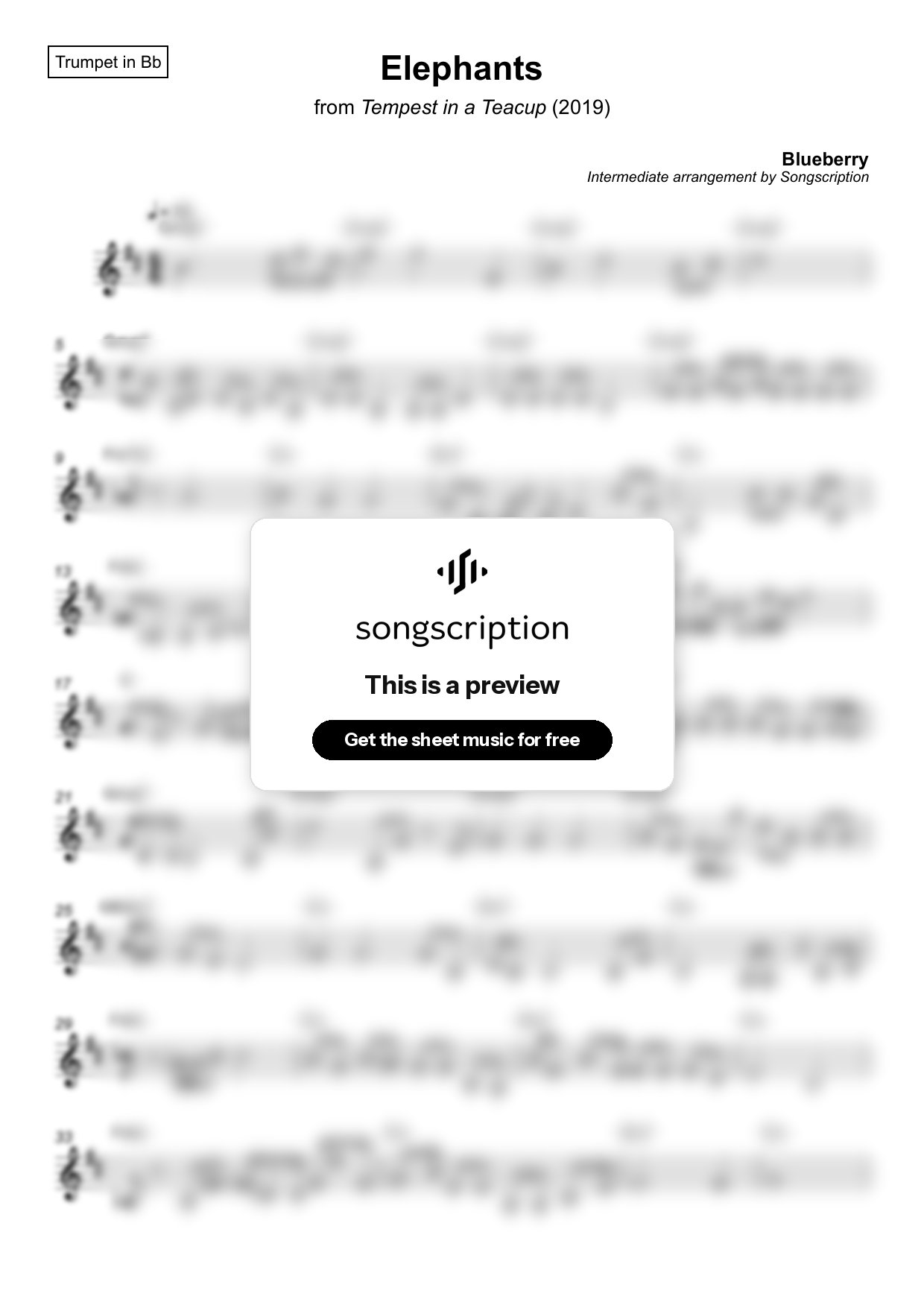 Intermediate Trumpet Sheet Music for "Elephants" by Blueberry