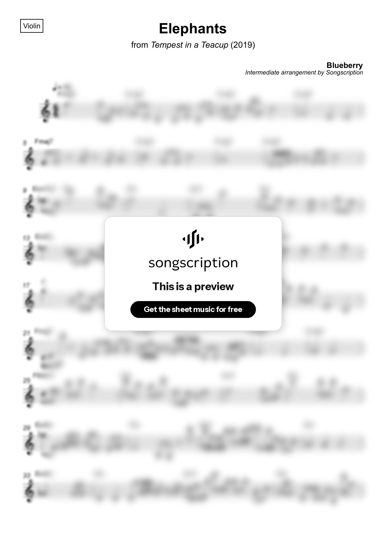 Intermediate Violin Sheet Music for "Elephants" by Blueberry