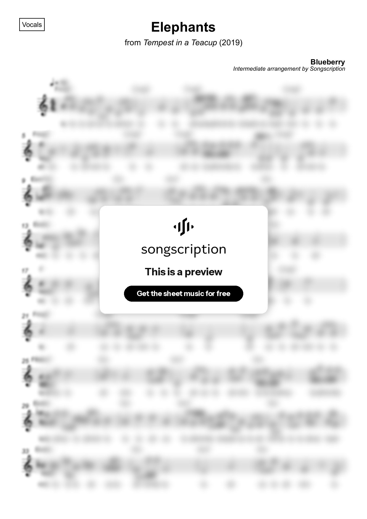 Intermediate Vocals Sheet Music for "Elephants" by Blueberry