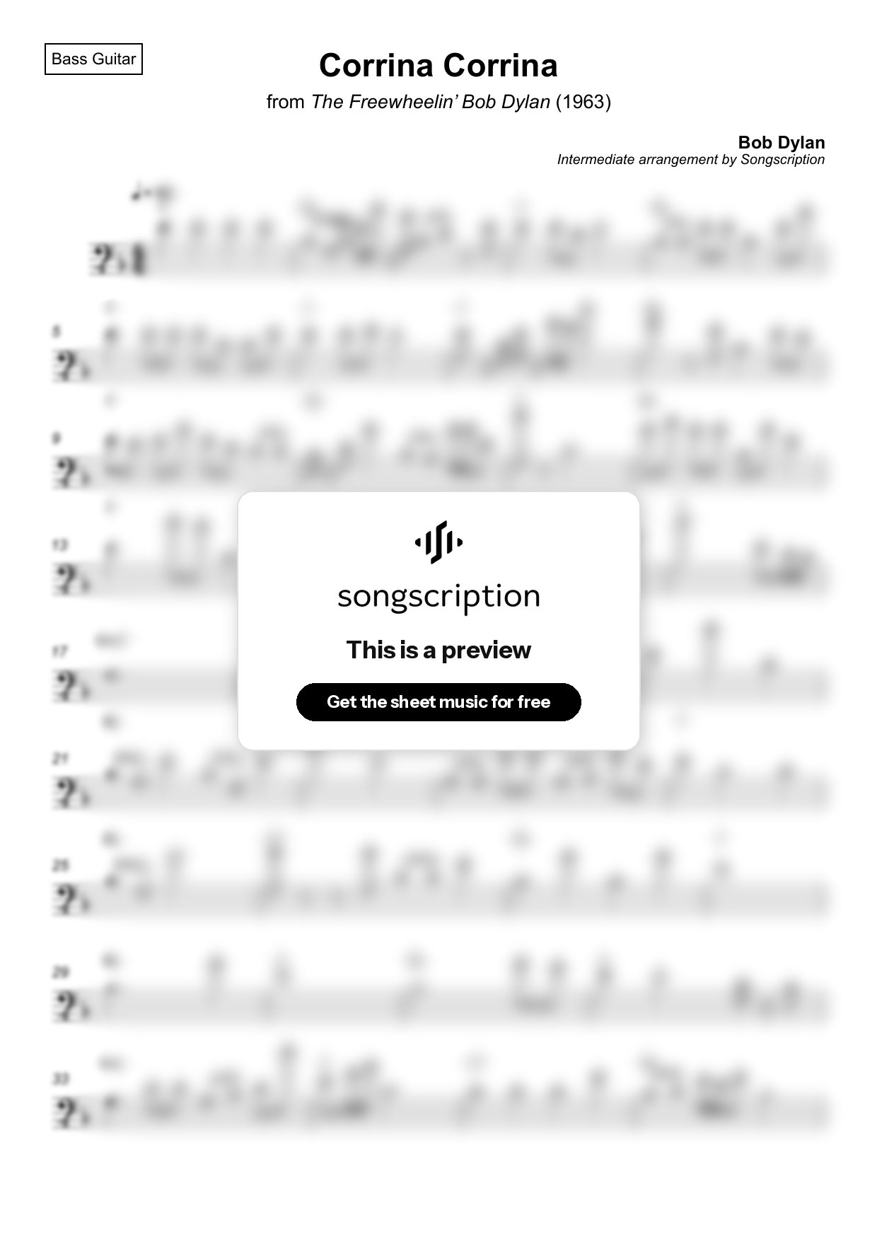 Intermediate Bass Guitar Sheet Music for "Corrina Corrina" by Bob Dylan