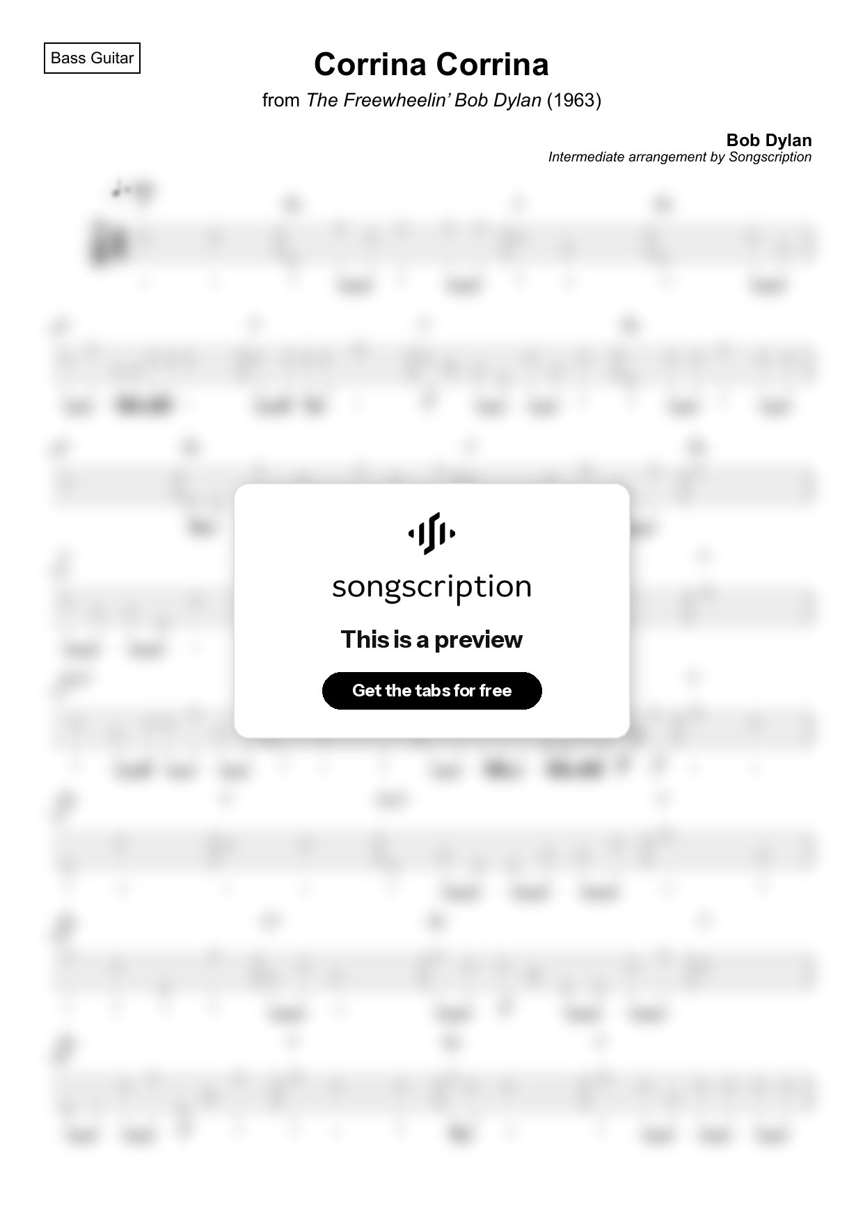 Intermediate Bass Guitar Tabs for "Corrina Corrina" by Bob Dylan