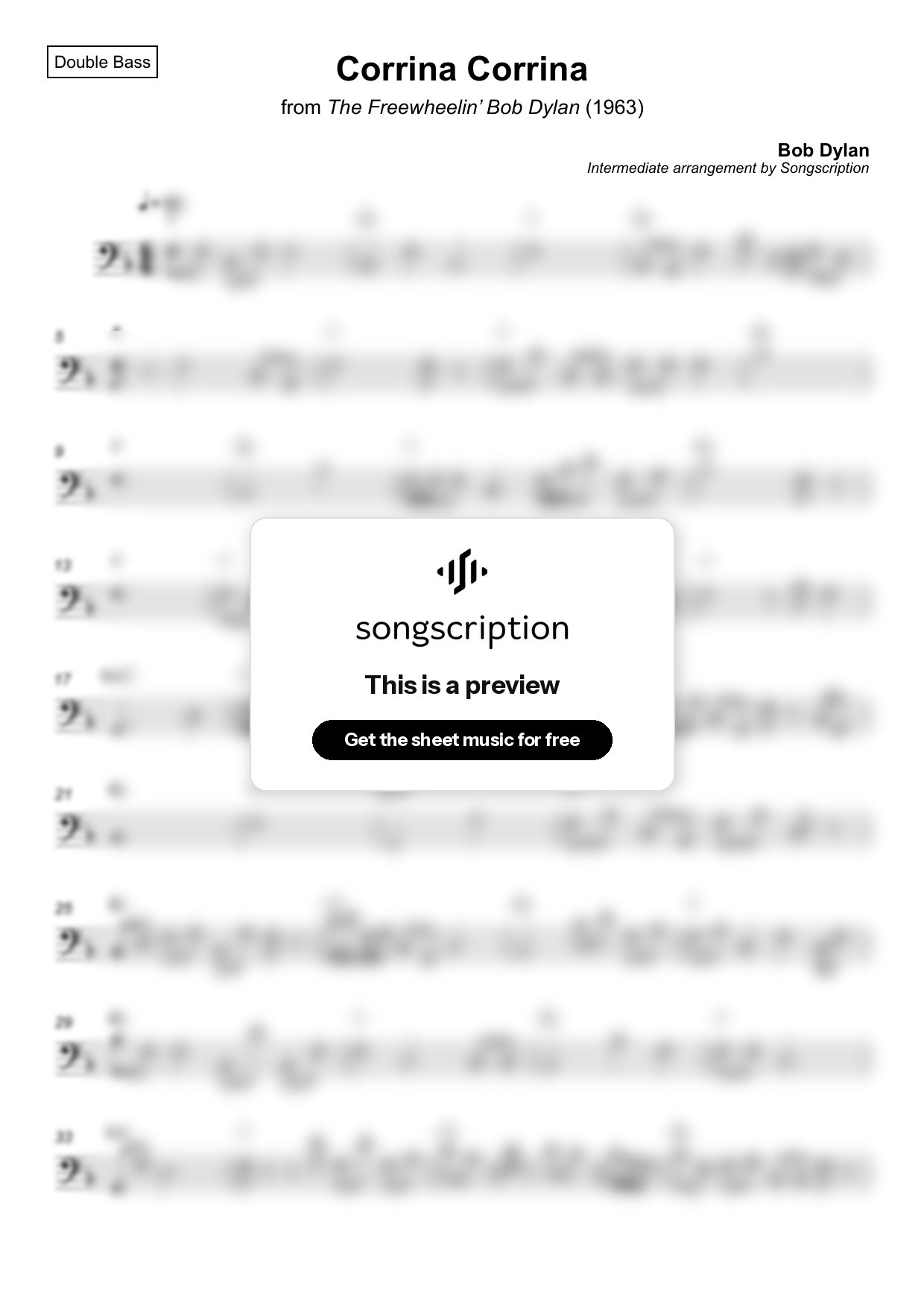 Intermediate Double Bass Sheet Music for "Corrina Corrina" by Bob Dylan