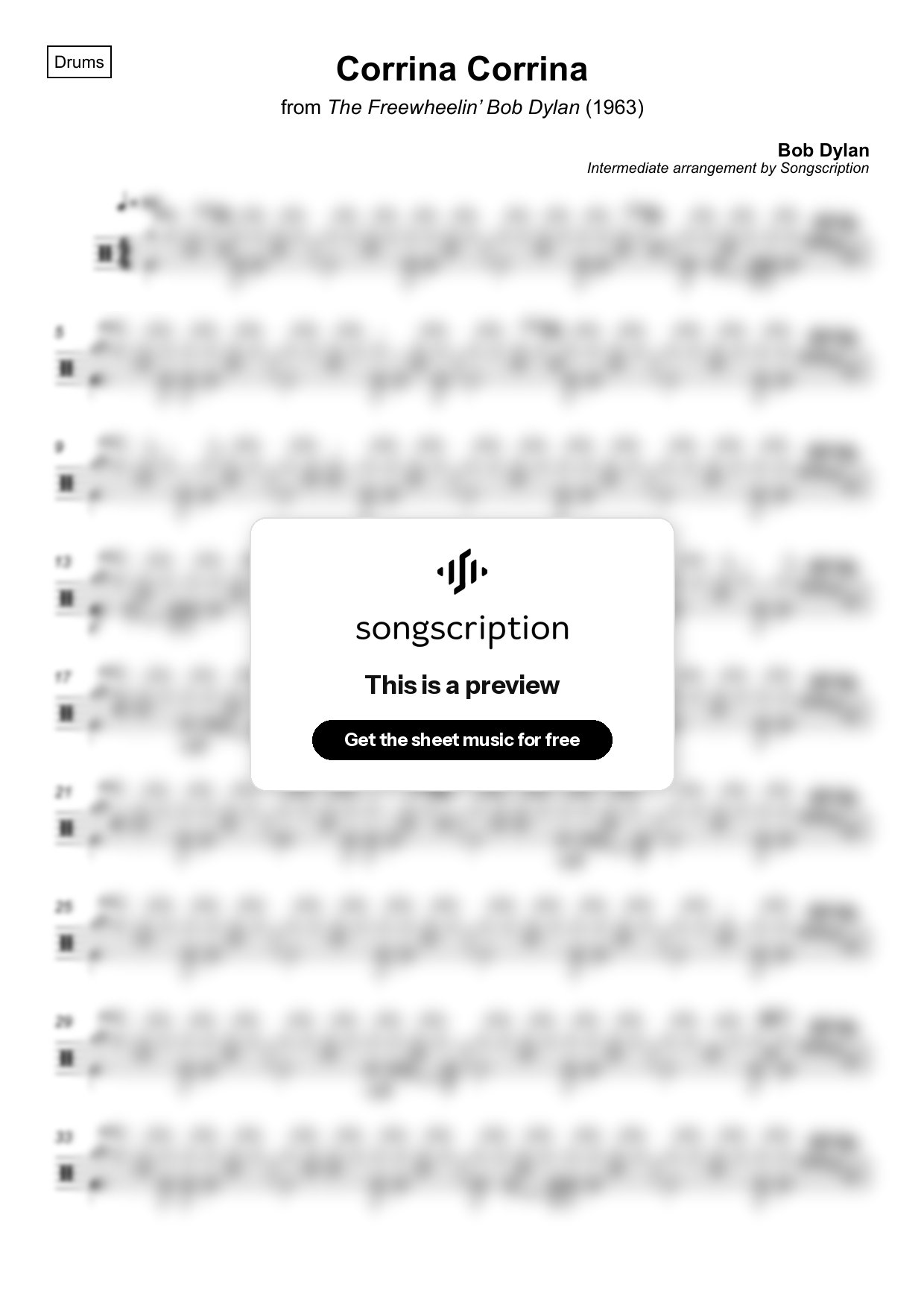 Intermediate Drums Sheet Music for "Corrina Corrina" by Bob Dylan