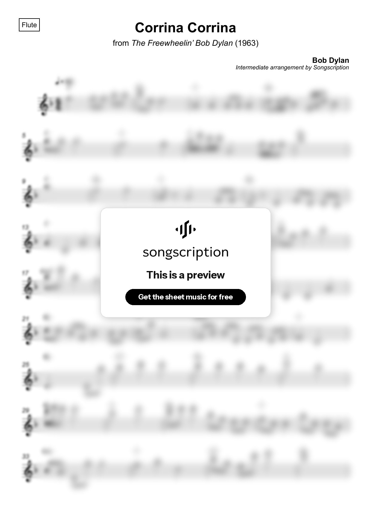 Intermediate Flute Sheet Music for "Corrina Corrina" by Bob Dylan