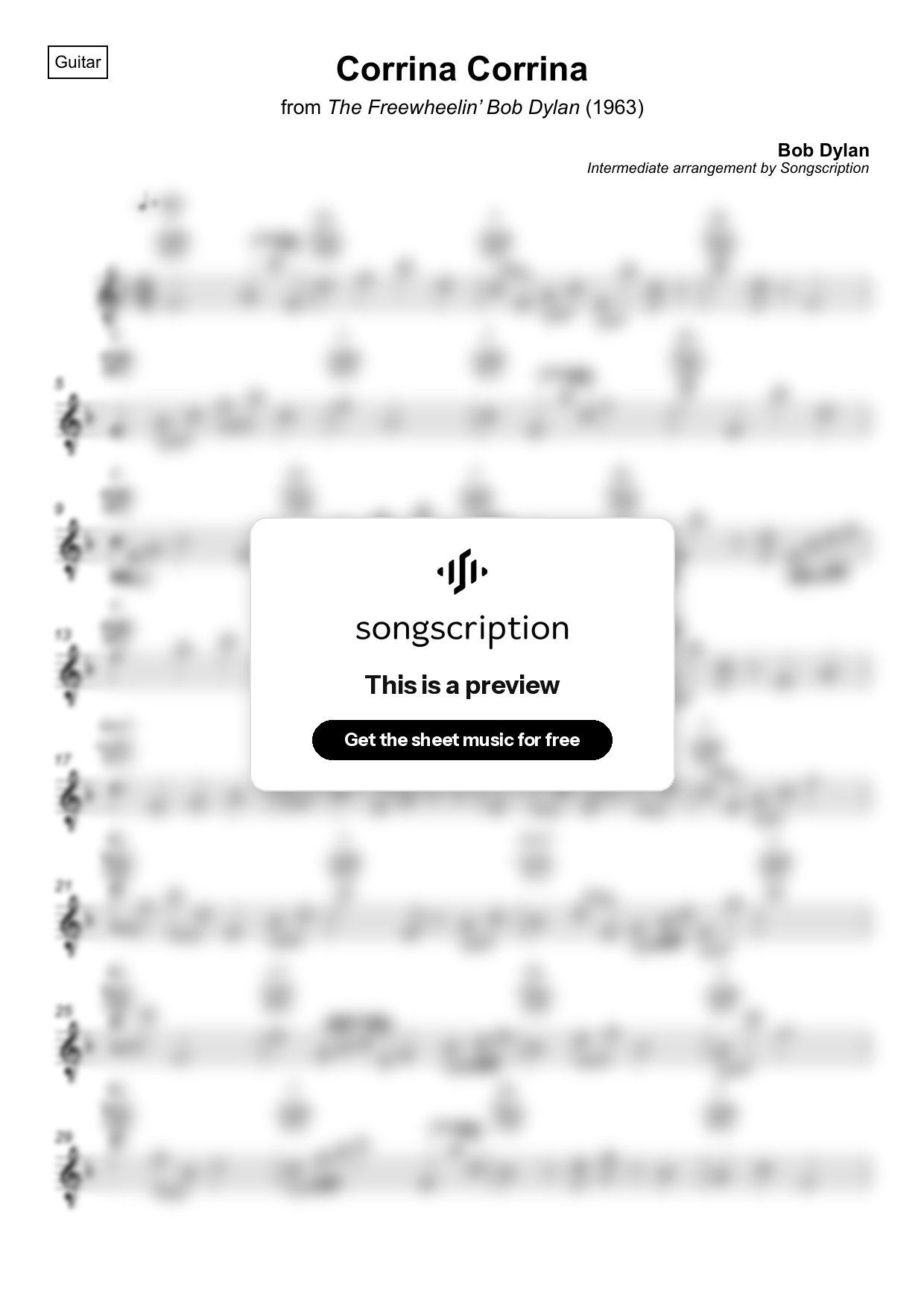 Intermediate Acoustic Guitar Sheet Music for "Corrina Corrina" by Bob Dylan