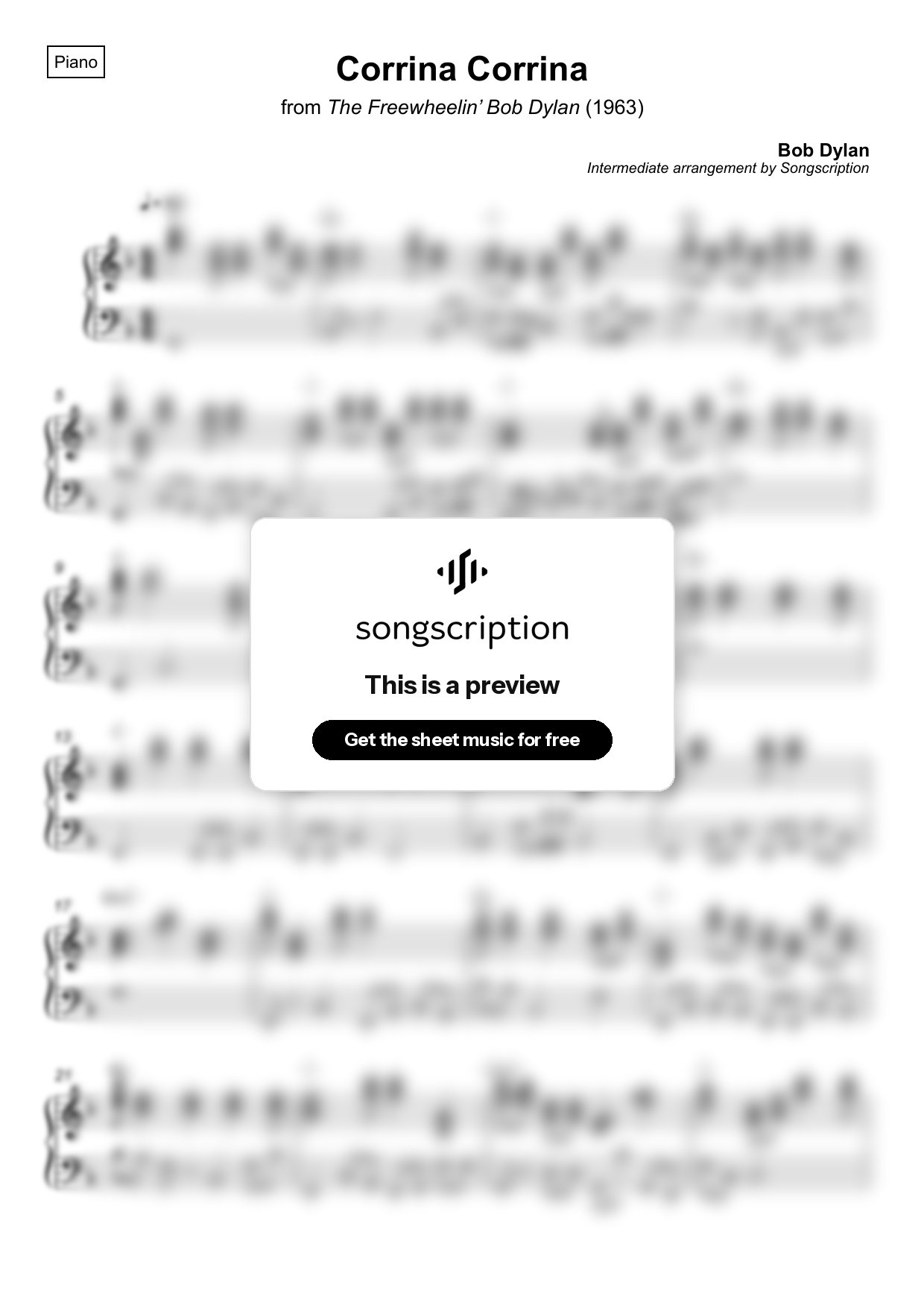 Intermediate Piano Sheet Music for "Corrina Corrina" by Bob Dylan