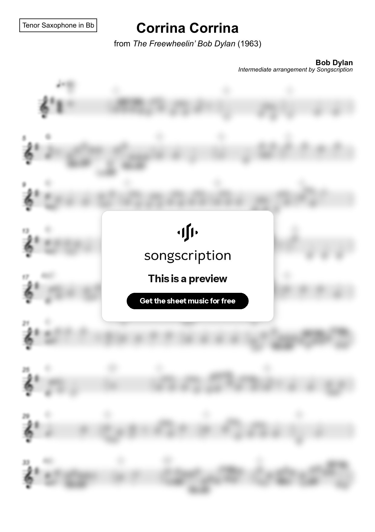 Intermediate Tenor Sax Sheet Music for "Corrina Corrina" by Bob Dylan