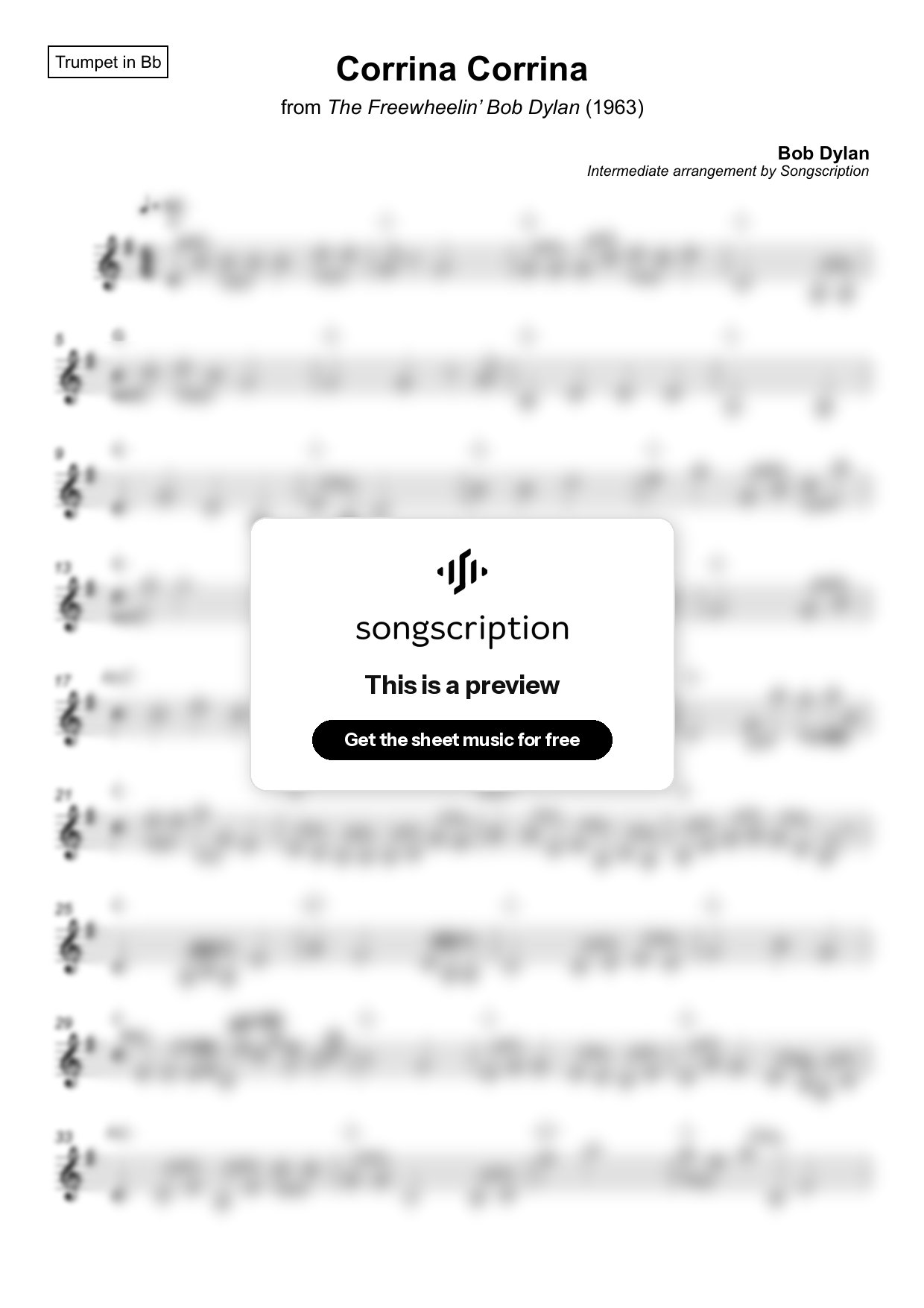 Intermediate Trumpet Sheet Music for "Corrina Corrina" by Bob Dylan