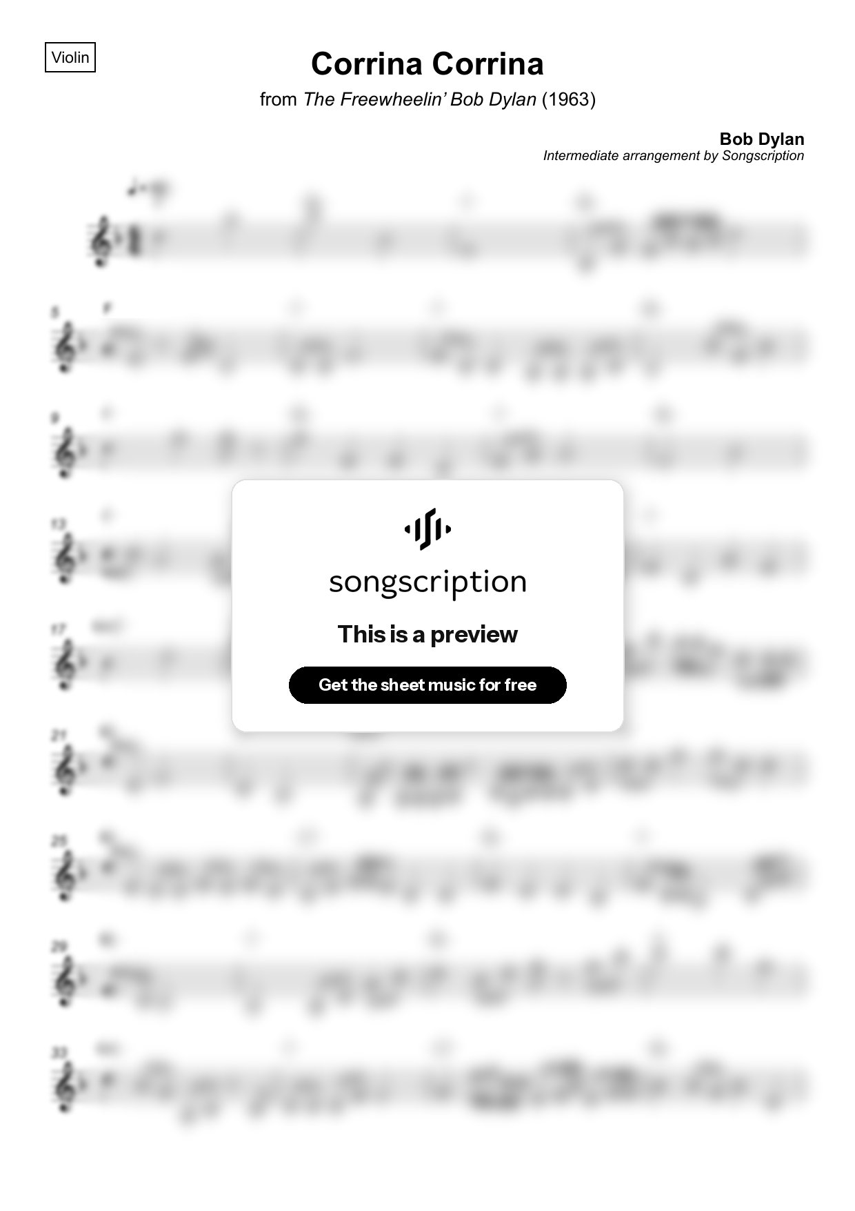 Intermediate Violin Sheet Music for "Corrina Corrina" by Bob Dylan