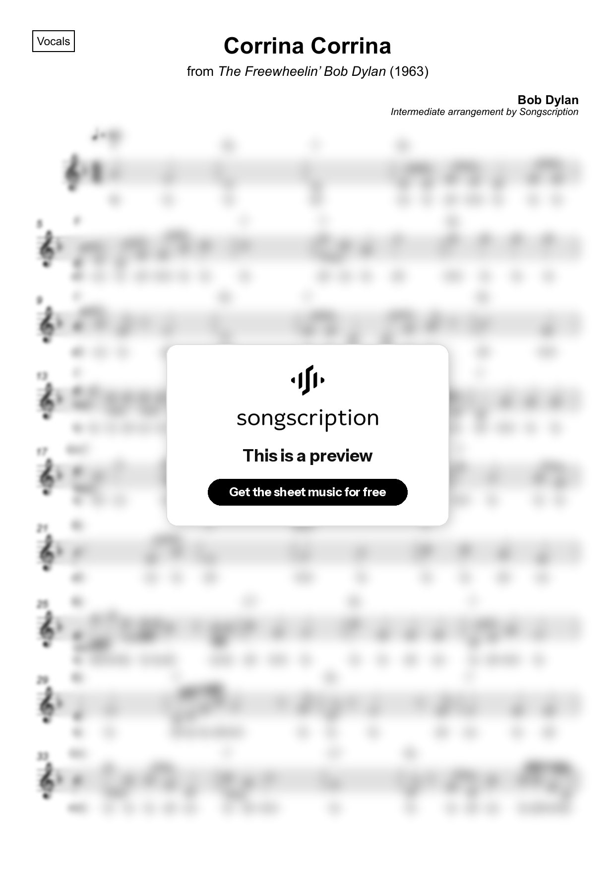 Intermediate Vocals Sheet Music for "Corrina Corrina" by Bob Dylan