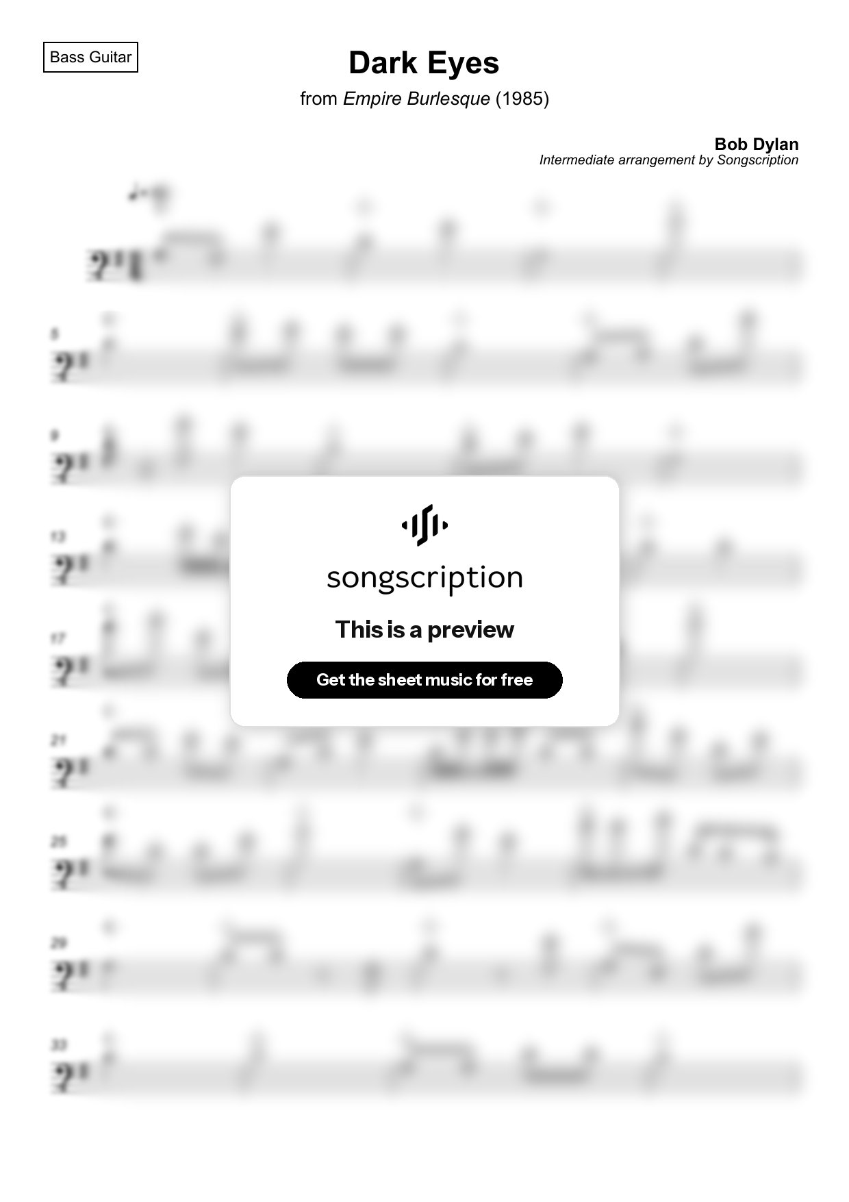 Intermediate Bass Guitar Sheet Music for "Dark Eyes" by Bob Dylan