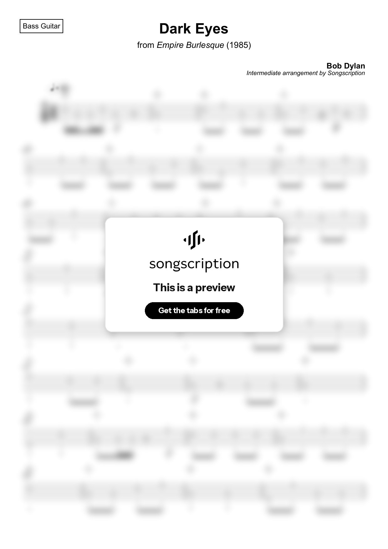 Intermediate Bass Guitar Tabs for "Dark Eyes" by Bob Dylan