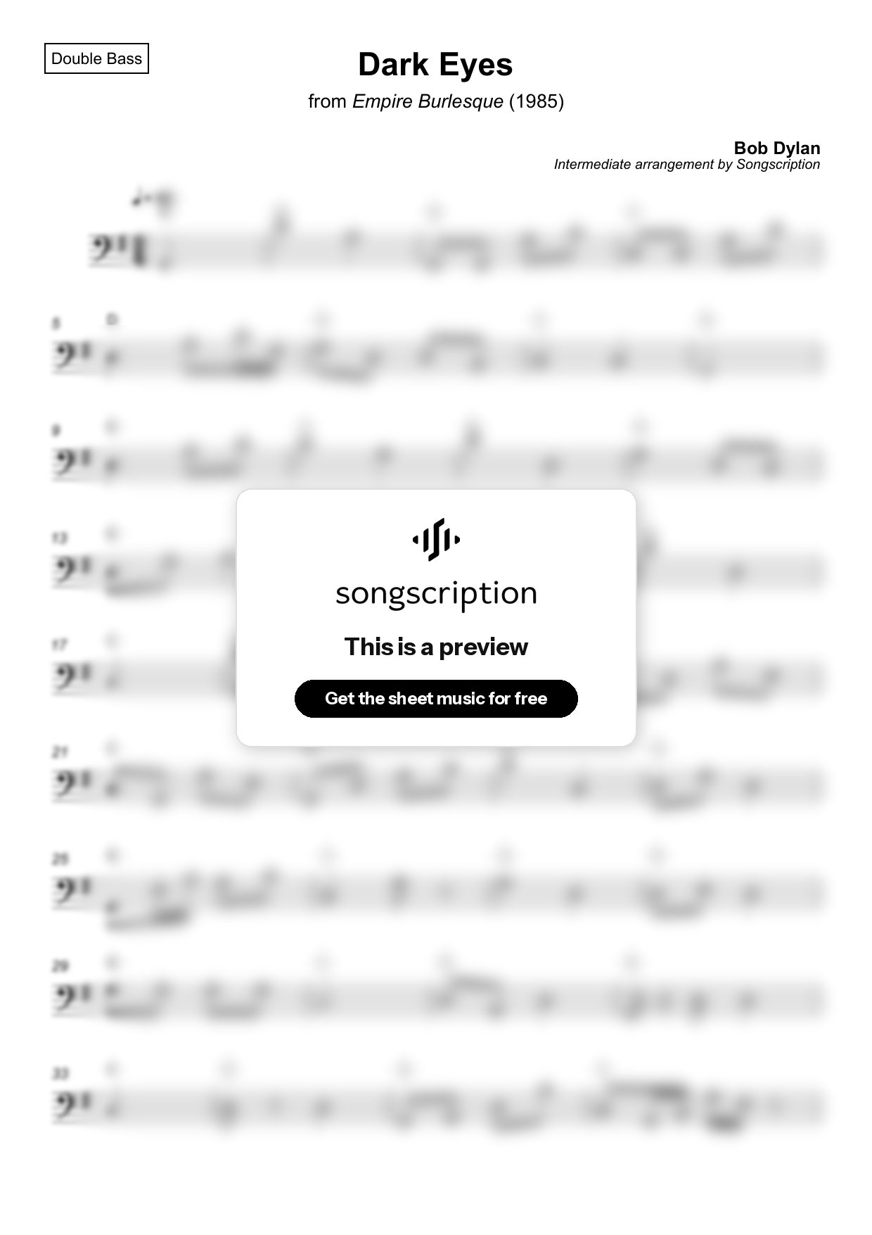 Intermediate Double Bass Sheet Music for "Dark Eyes" by Bob Dylan