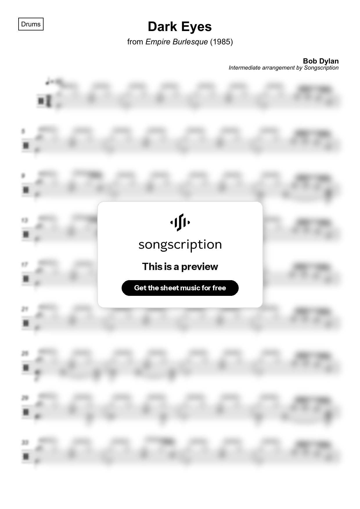 Intermediate Drums Sheet Music for "Dark Eyes" by Bob Dylan