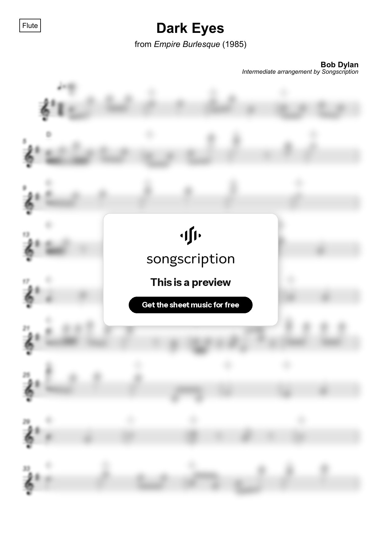 Intermediate Flute Sheet Music for "Dark Eyes" by Bob Dylan