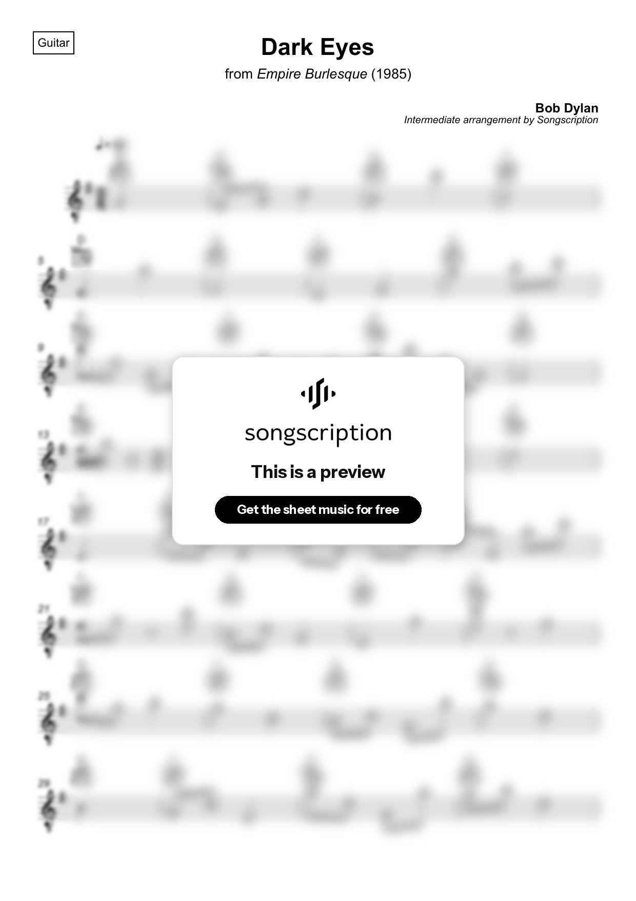 Intermediate Acoustic Guitar Sheet Music for "Dark Eyes" by Bob Dylan