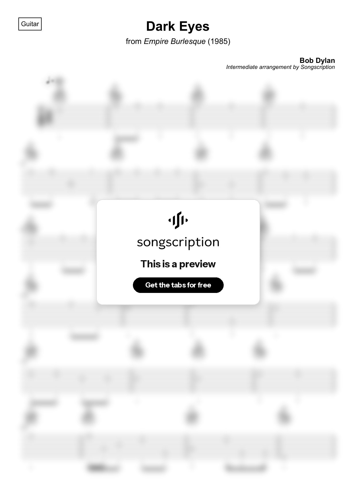 Intermediate Acoustic Guitar Tabs for "Dark Eyes" by Bob Dylan