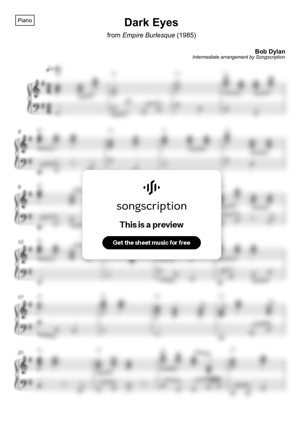 Intermediate Piano Sheet Music for "Dark Eyes" by Bob Dylan