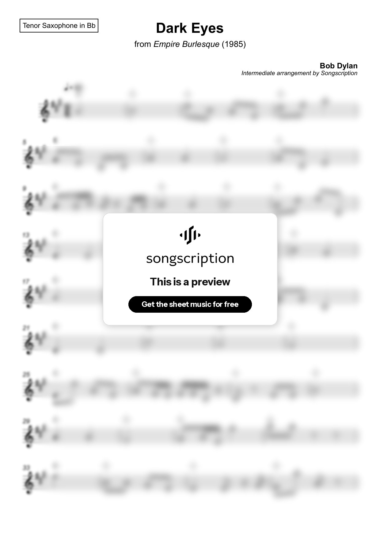 Intermediate Tenor Sax Sheet Music for "Dark Eyes" by Bob Dylan