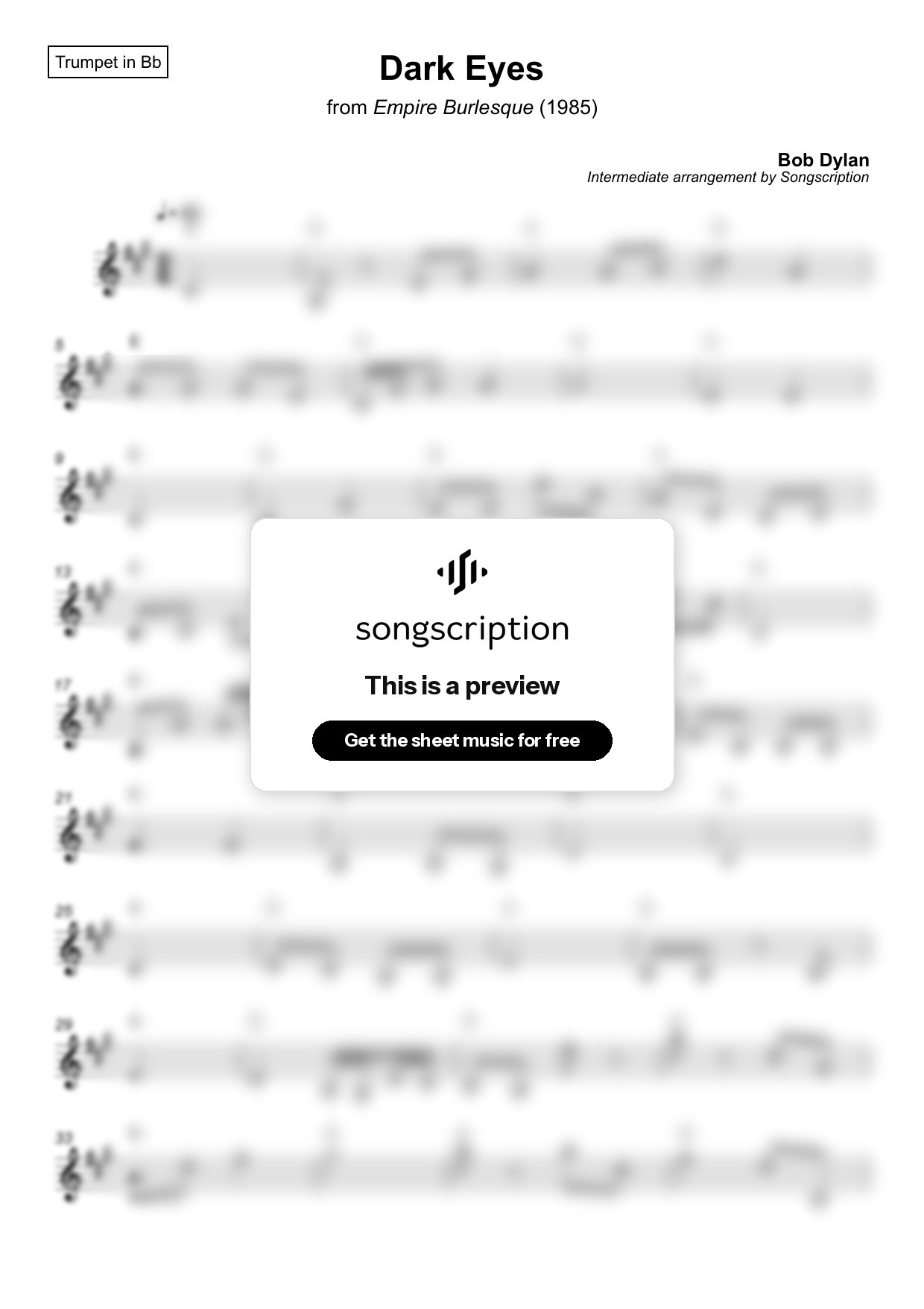 Intermediate Trumpet Sheet Music for "Dark Eyes" by Bob Dylan