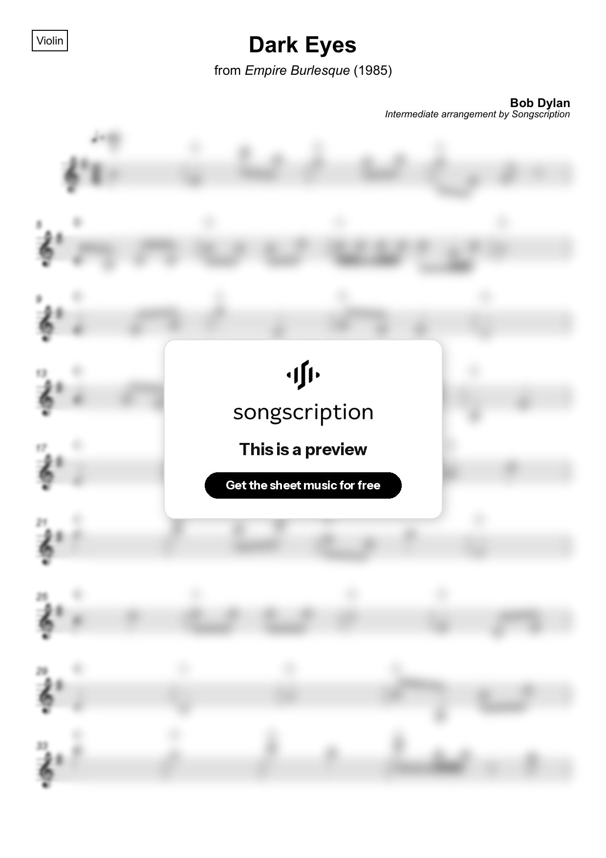 Intermediate Violin Sheet Music for "Dark Eyes" by Bob Dylan