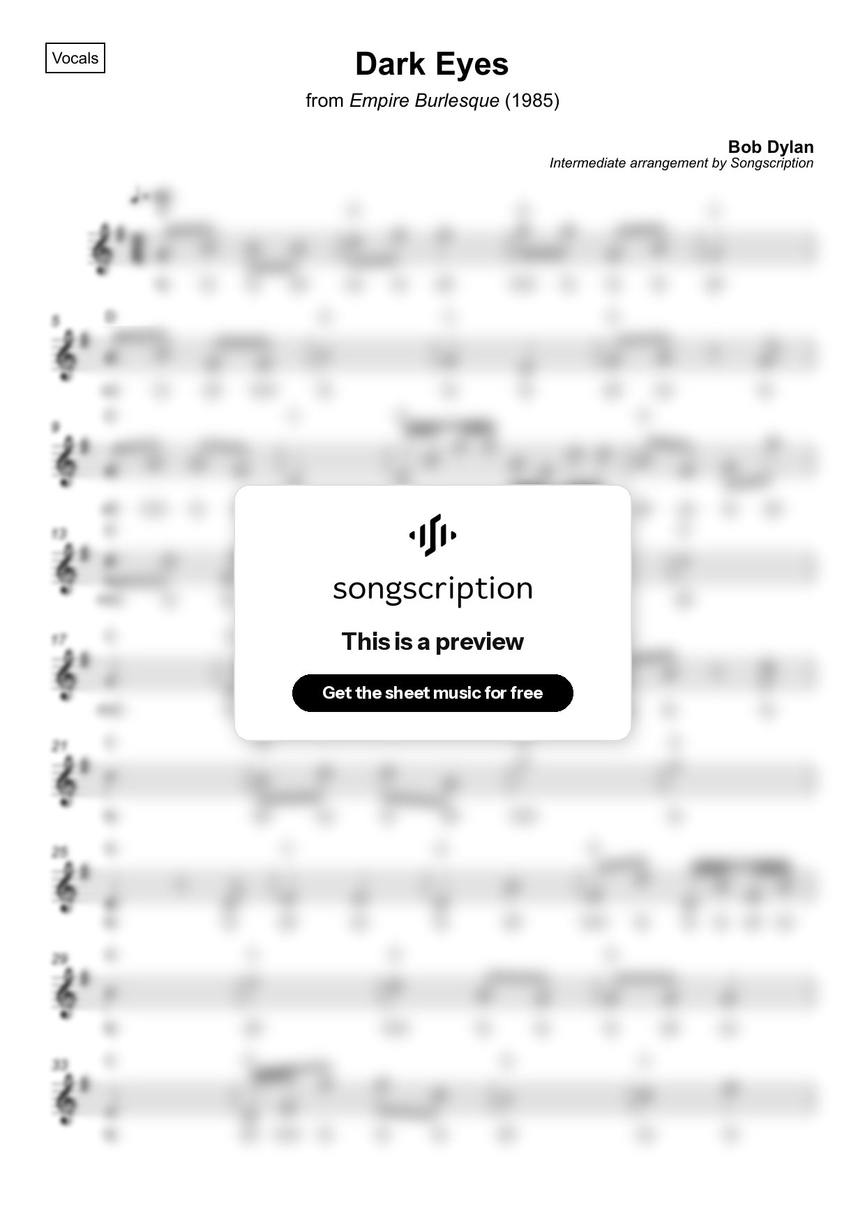 Intermediate Vocals Sheet Music for "Dark Eyes" by Bob Dylan