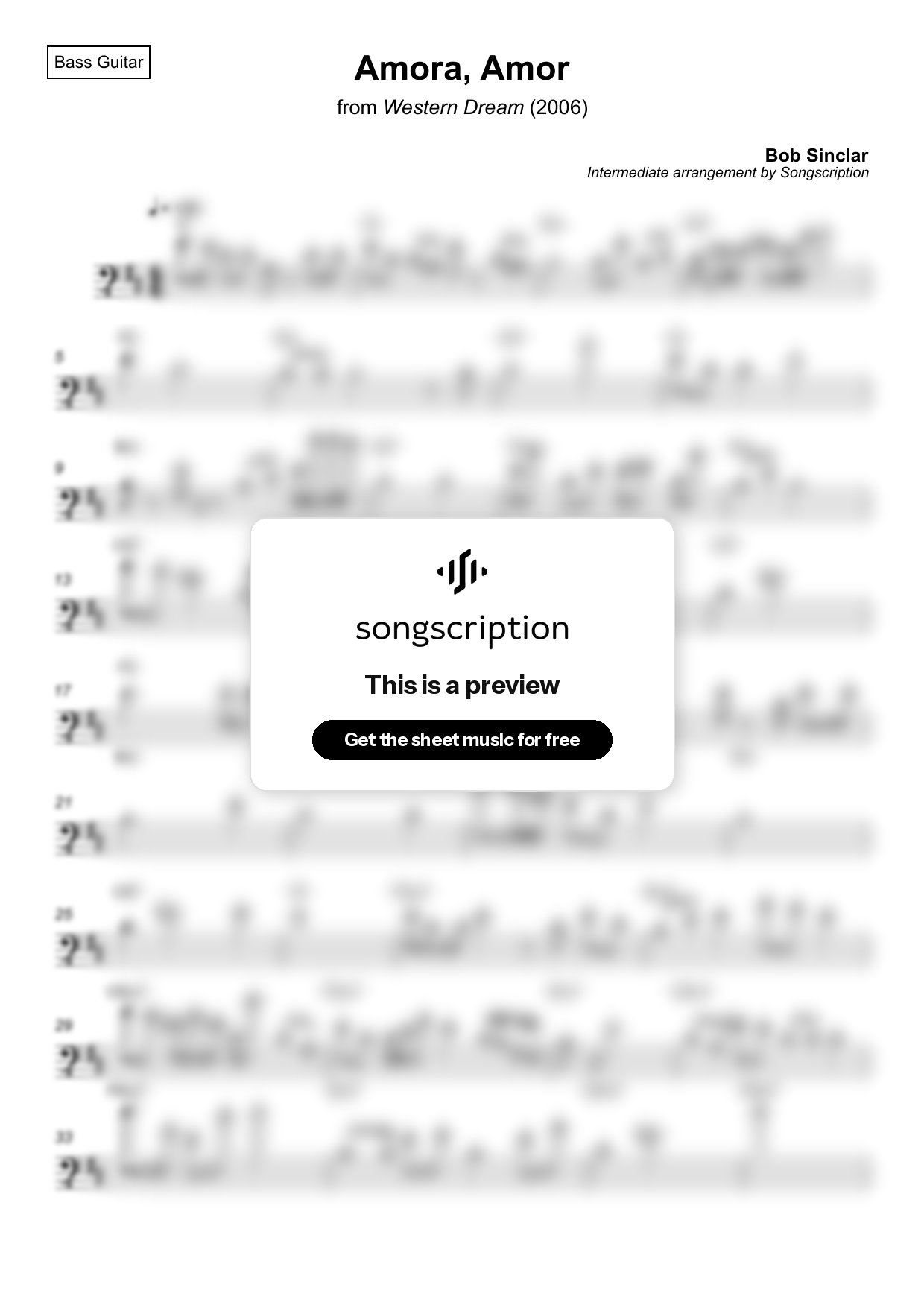 Intermediate Bass Guitar Sheet Music for "Amora, Amor" by Bob Sinclar
