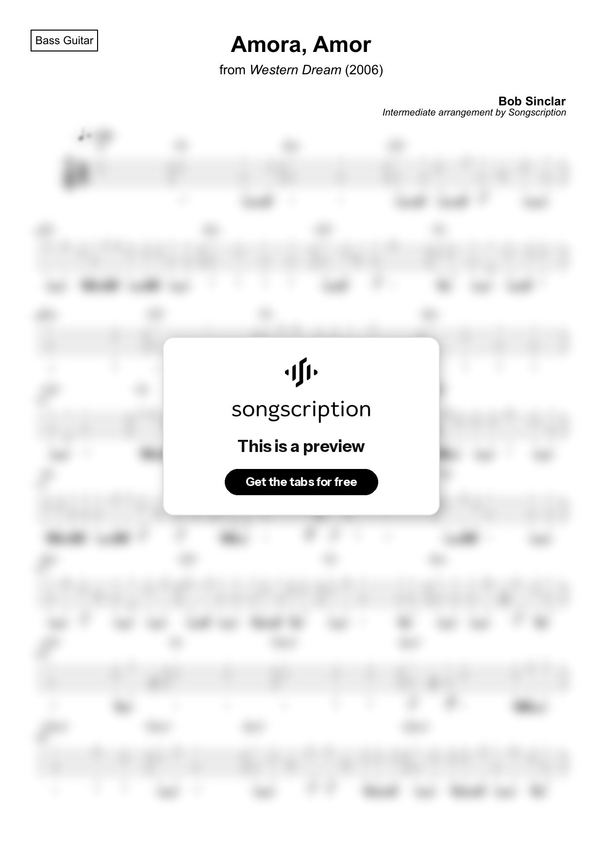 Intermediate Bass Guitar Tabs for "Amora, Amor" by Bob Sinclar