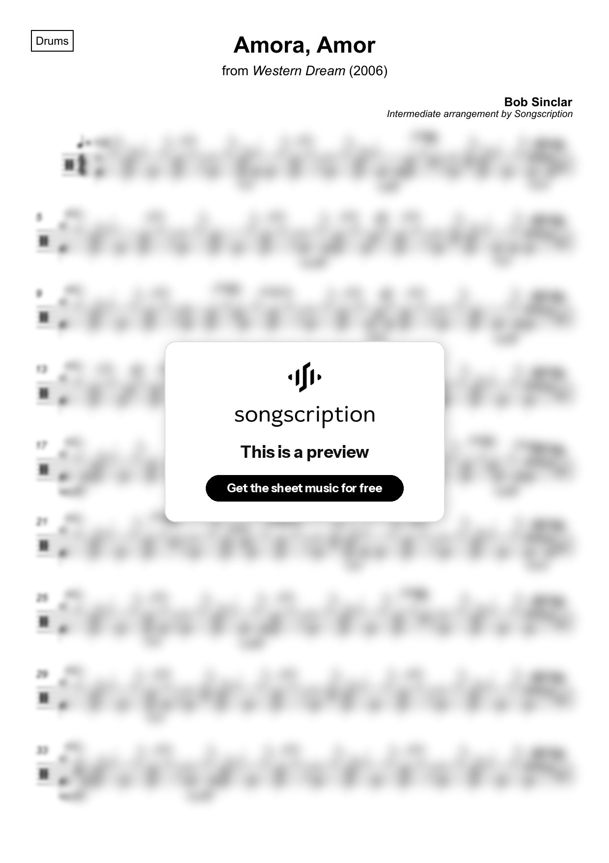 Intermediate Drums Sheet Music for "Amora, Amor" by Bob Sinclar