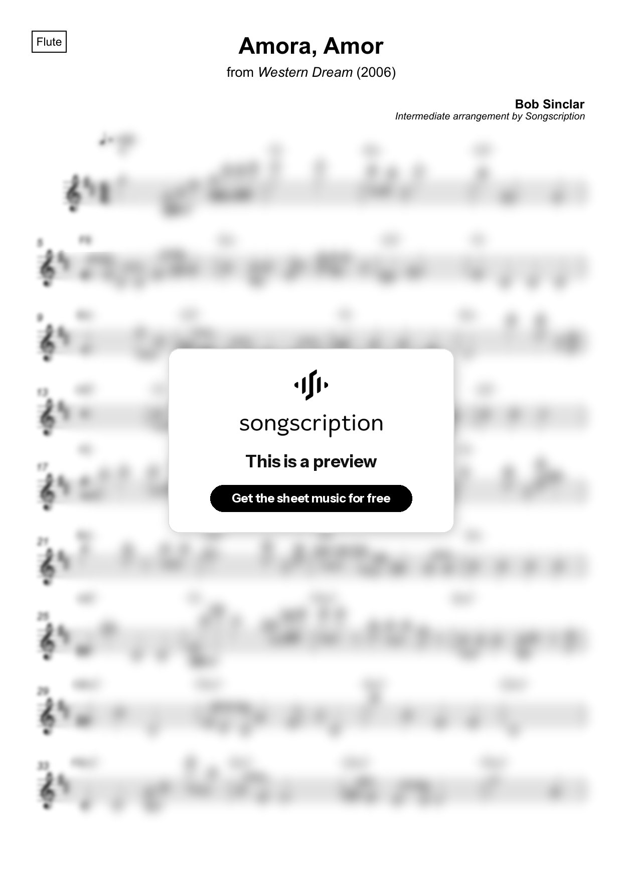 Intermediate Flute Sheet Music for "Amora, Amor" by Bob Sinclar