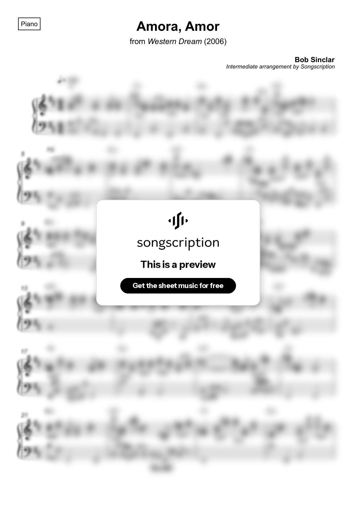 Intermediate Piano Sheet Music for "Amora, Amor" by Bob Sinclar