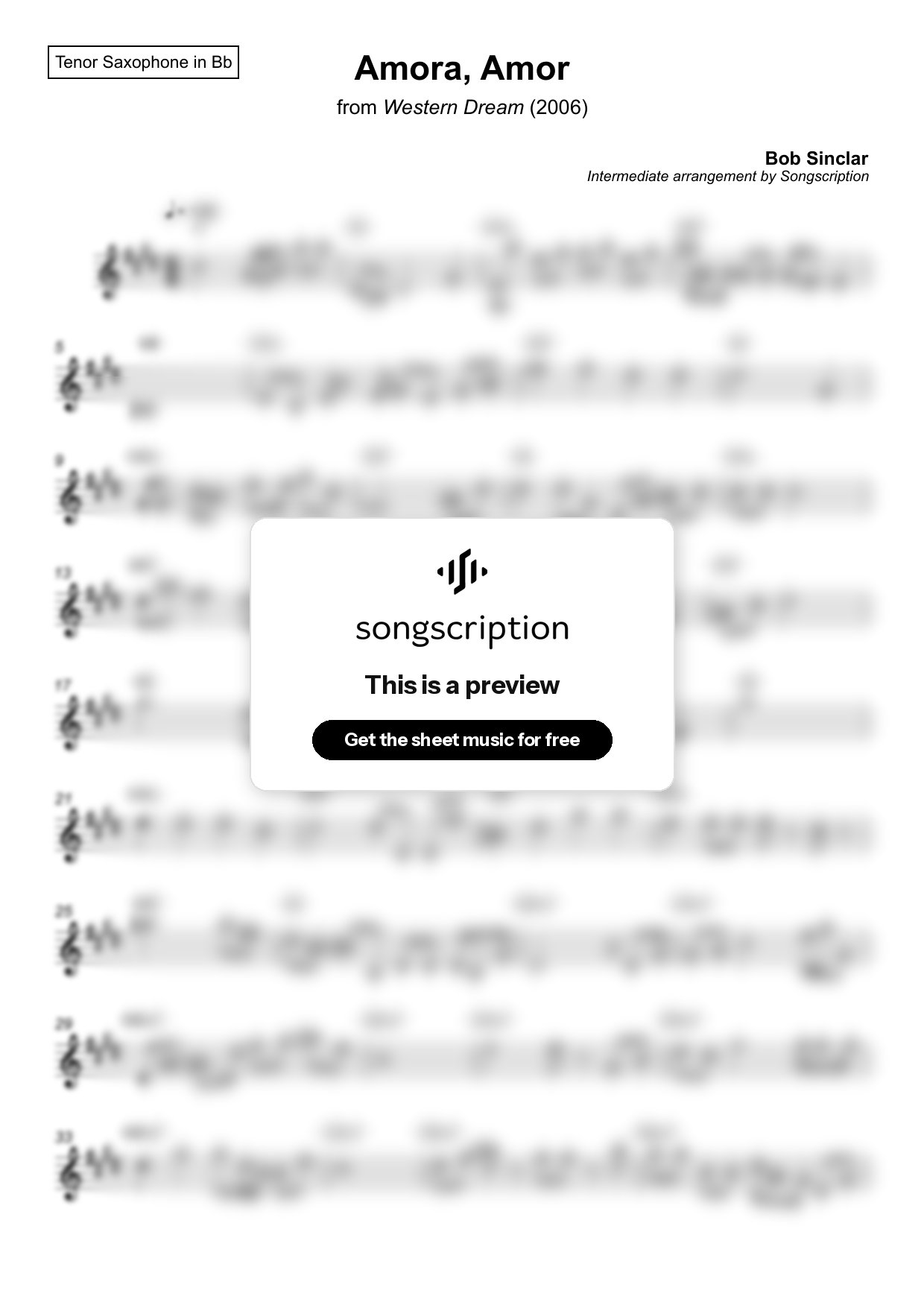 Intermediate Tenor Sax Sheet Music for "Amora, Amor" by Bob Sinclar