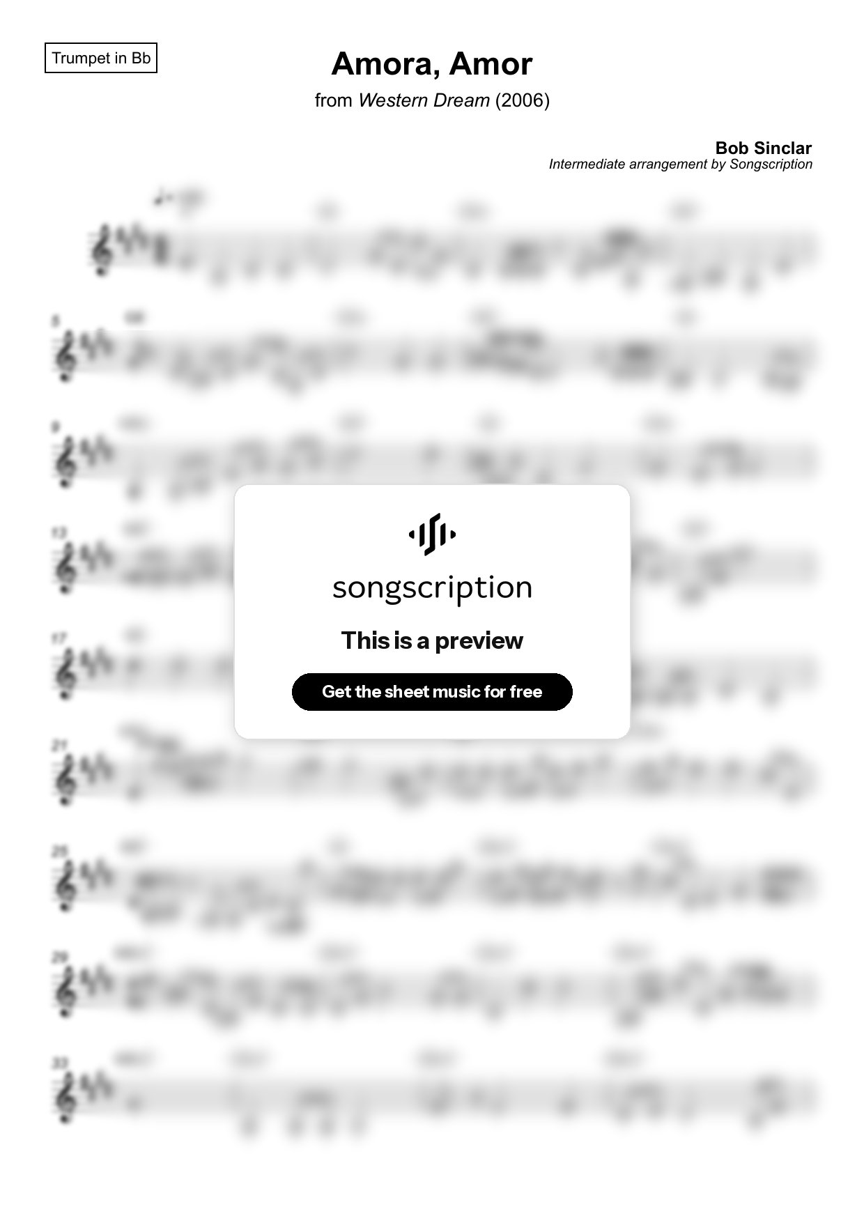 Intermediate Trumpet Sheet Music for "Amora, Amor" by Bob Sinclar