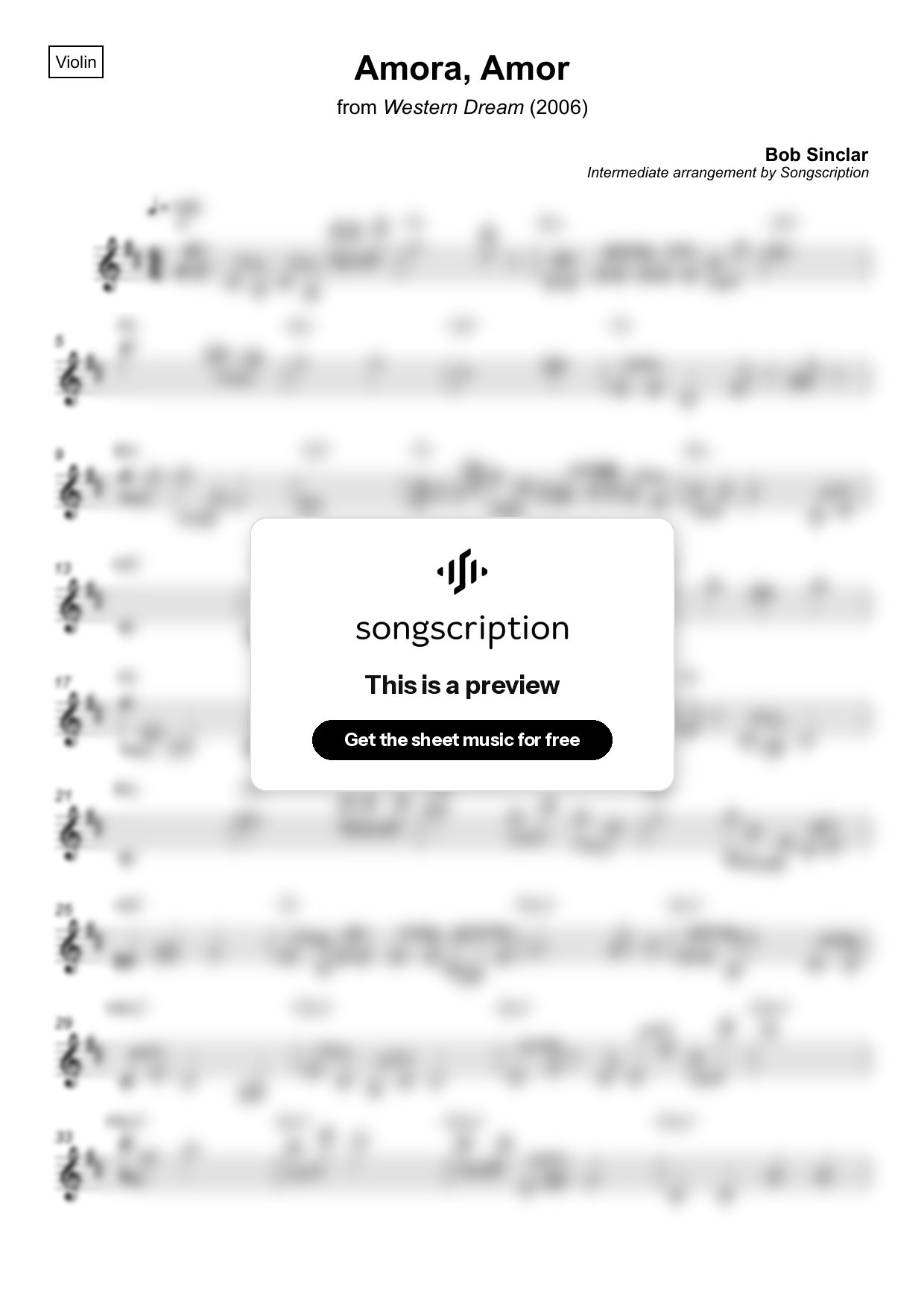 Intermediate Violin Sheet Music for "Amora, Amor" by Bob Sinclar