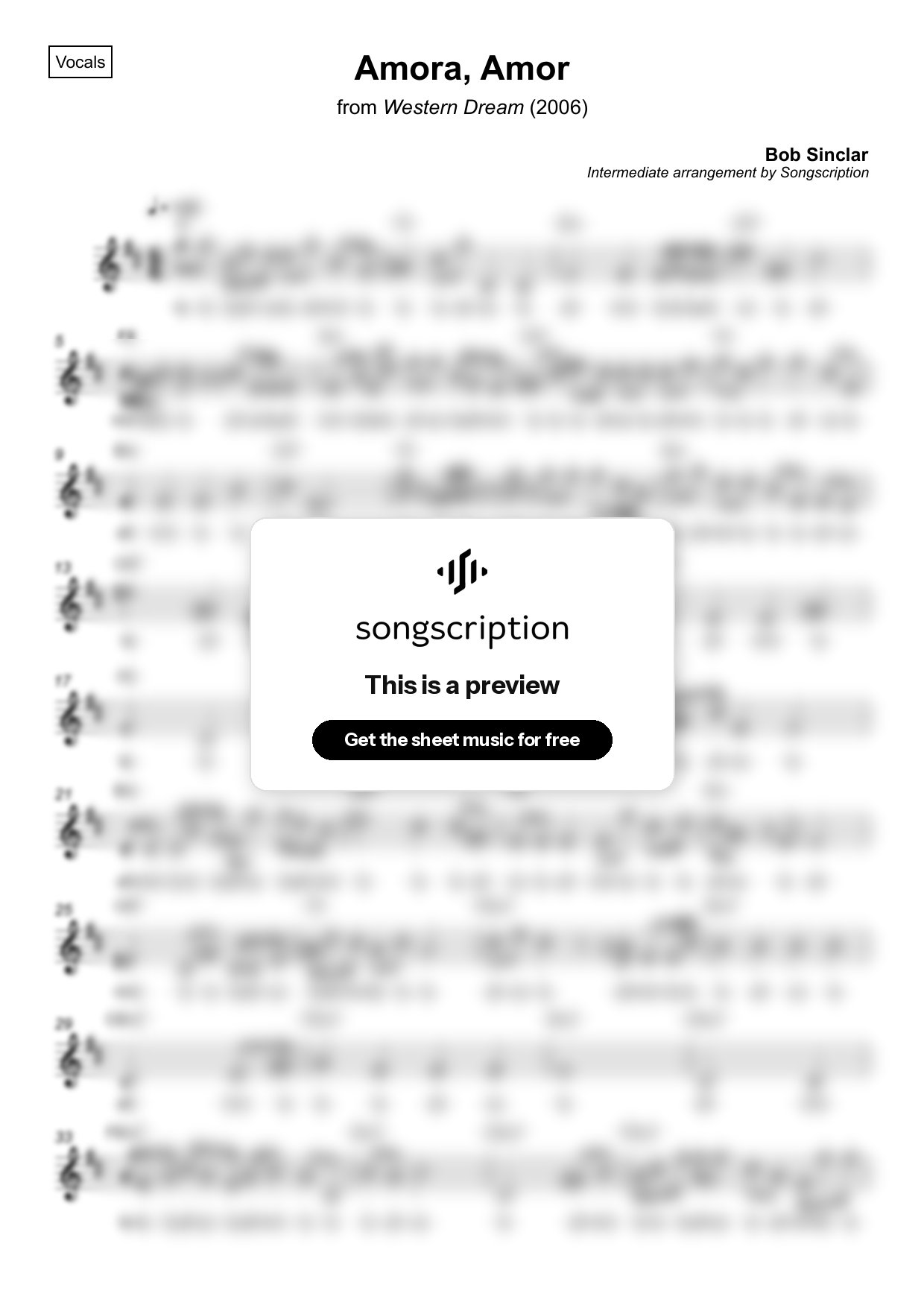 Intermediate Vocals Sheet Music for "Amora, Amor" by Bob Sinclar