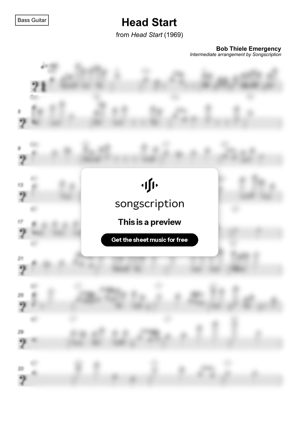 Intermediate Bass Guitar Sheet Music for "Head Start" by Bob Thiele Emergency