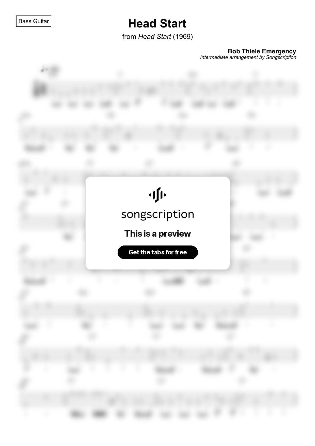 Intermediate Bass Guitar Tabs for "Head Start" by Bob Thiele Emergency